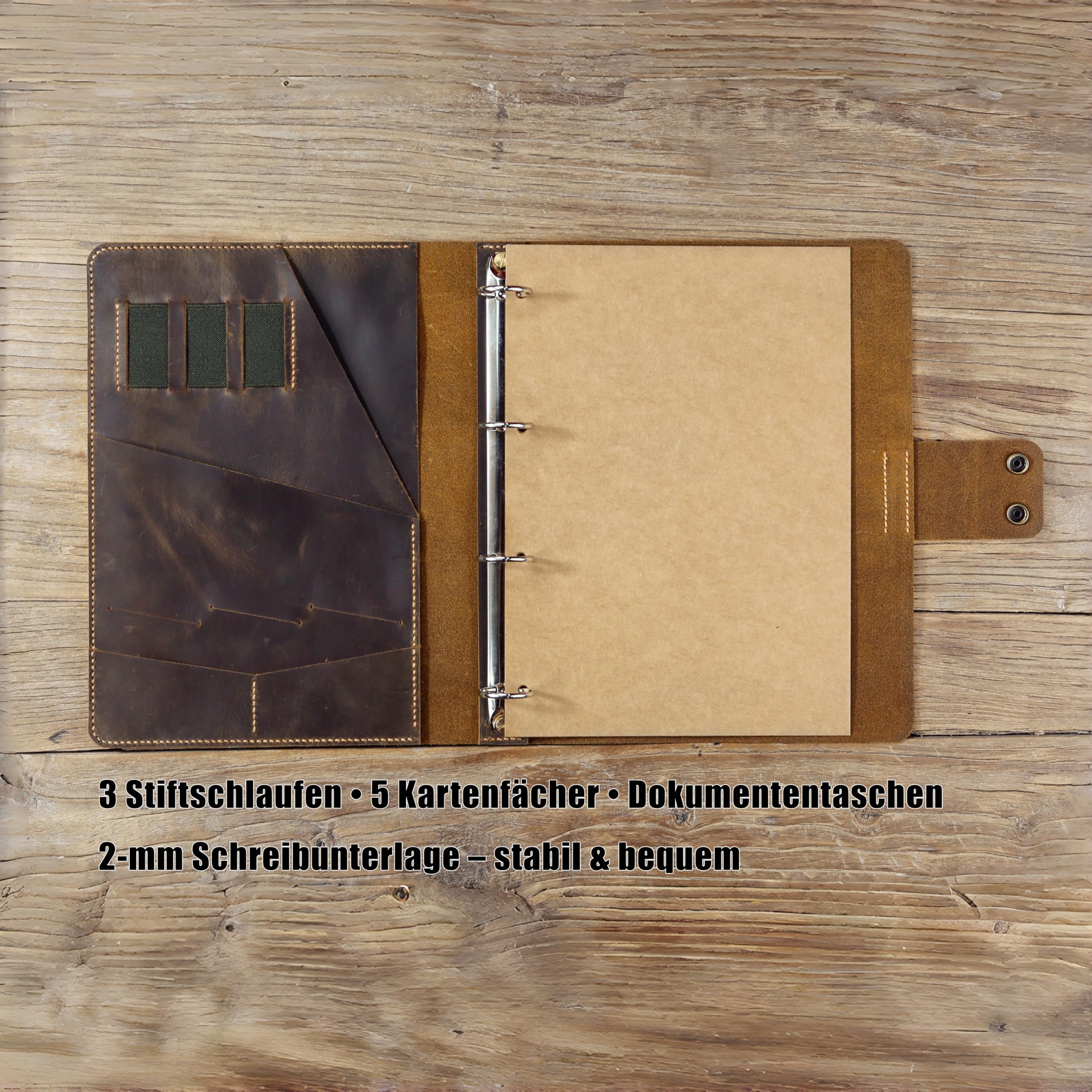 Vintage A4 Leder-Portfolio mit 4-Ring-Mechanik, handgenähte Schreibmappe aus vollnarbigem braunem Leder, Organizer mit Fächern, personalisierbar – Präsentationsmappe fürs Büro & Studium