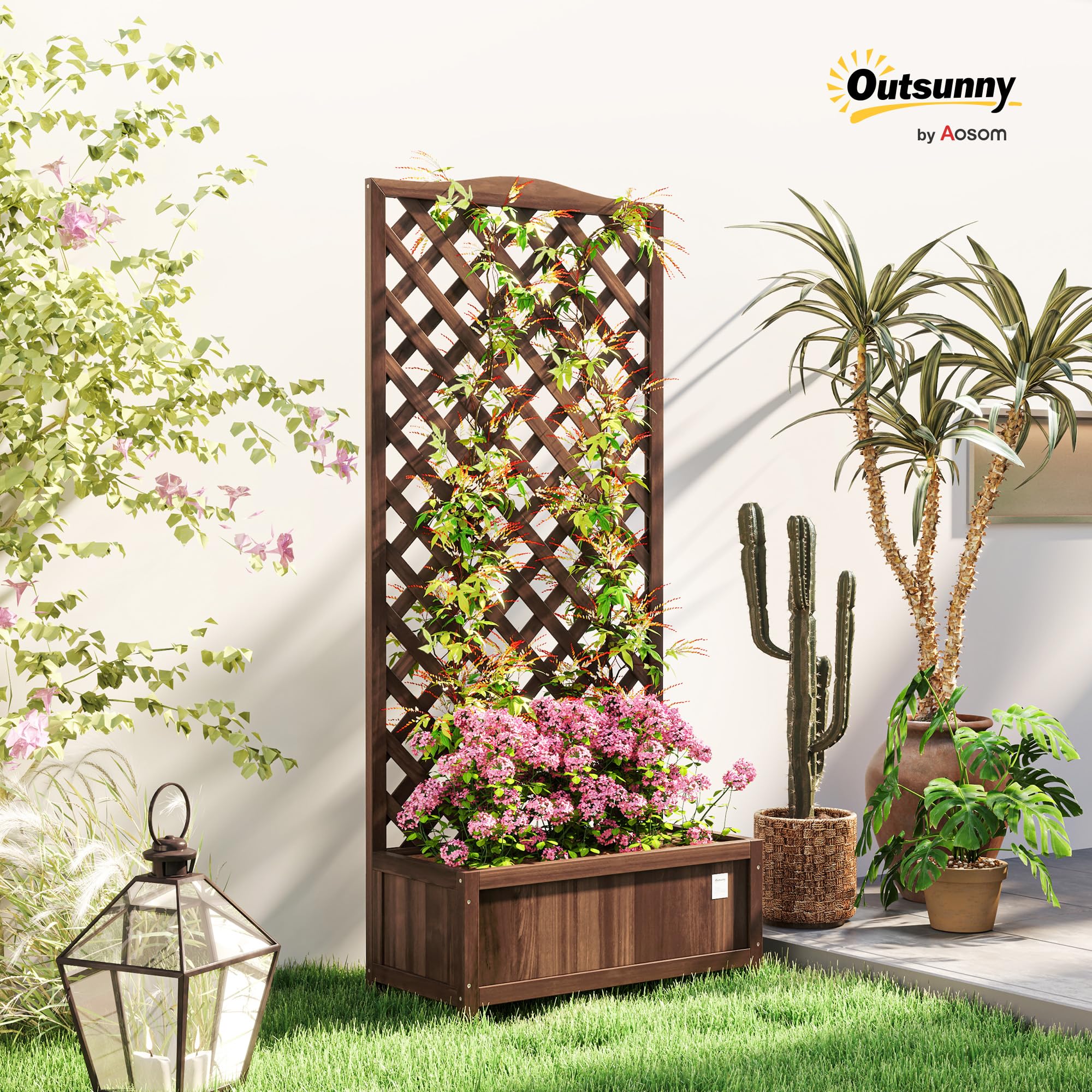Outsunny Jardinière avec Treillis Bac à Fleurs sur Pied 76x36x170 cm Bois Sapin pré-huilé Marron