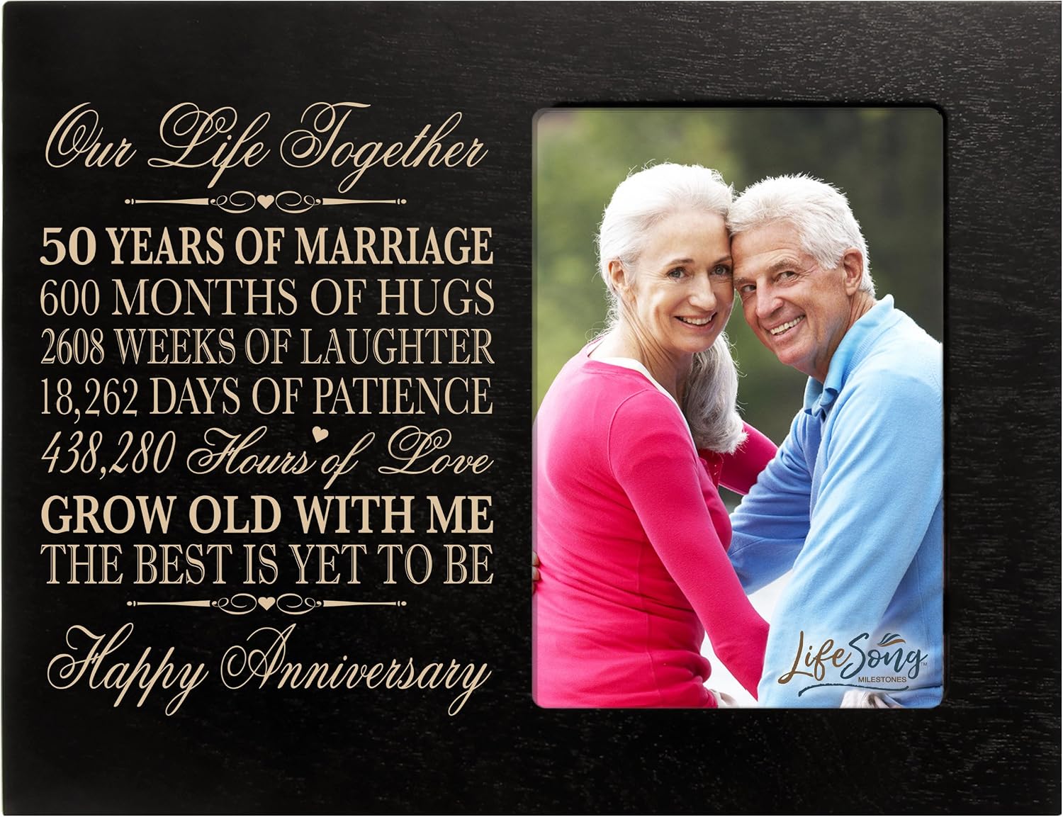 LifeSong Milestones 50th Year Wedding for Couple Custom Engraved Wedding Celebration Frame Holds 1 4x6 Photo 8" H X 10" W (Cherry)