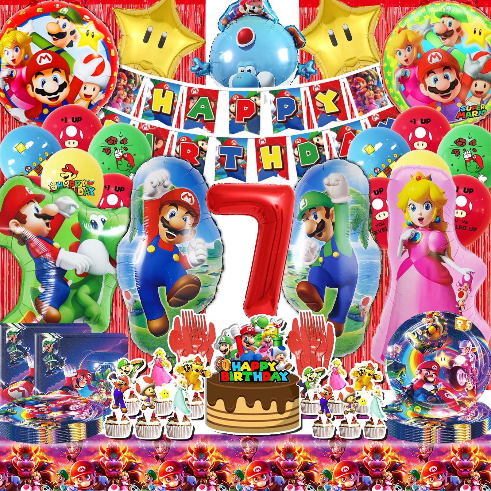 Vaisselle Anniversaire Super Mario, Kit Anniversaire Mario, Décoration Anniversaire Mario, Ballon Mario, Avec Deco Gateau, Nappe, Assiette, Serviettes, Bannière, Pour Enfant, 99Pcs