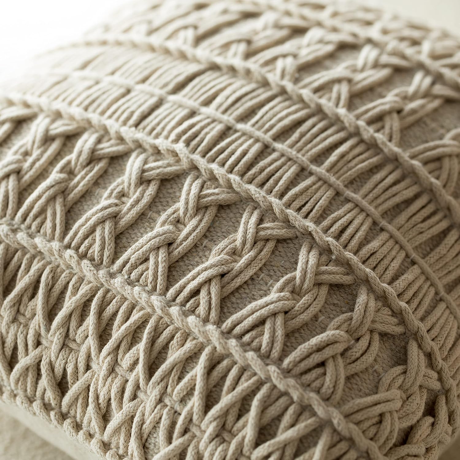 DEERLUX 16" Handwoven Cotton Throw Pillow Cover with Layered Random String Pattern, Natural