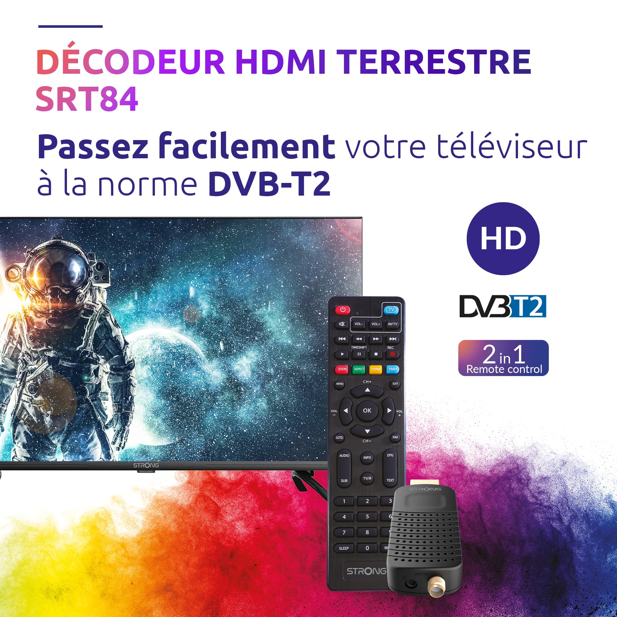 STRONG SRT84 Récepteur HDMI Décodeur DVB-T2 HEVC265 Dolby Audio Noir