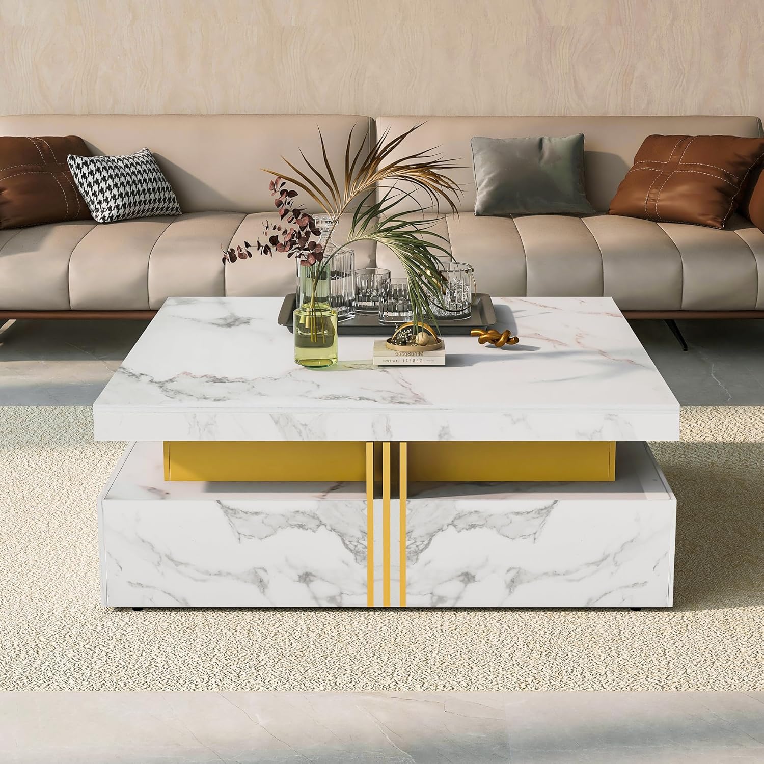 Merax Coffee Table, Modern Square Coffee Table with 4 Drawers, Contemporary Luxury Center Table Cocktail Table with Gold Accents for Living Room, 43.3" Lx 43.3" W (White)