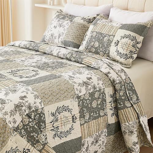 Miniatura 3 de Cmfshape Edredón floral Queen, juego de 3 piezas con patrón de pájaros, colcha ligera para cama de tamaño, cama reversible de granja a cuadros