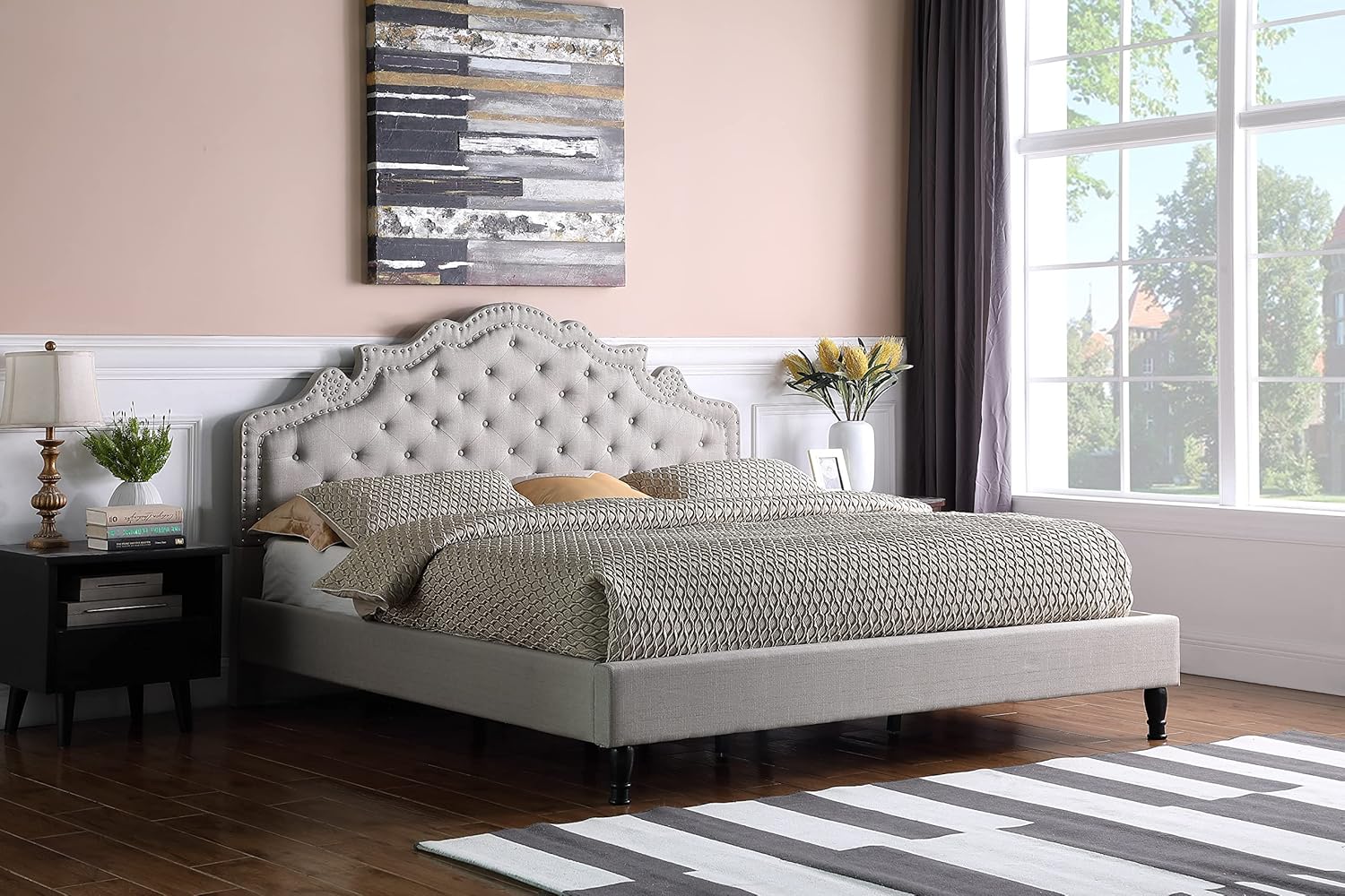 King Upholstered Platform Bed Frame with 51" Tall Headboard - Button Tufted Cloth Bed - Wood Slat Support with Storage Space - No Box Spring Needed - Easy Assembly - Light Grey- OLIVER & SMITH Madison