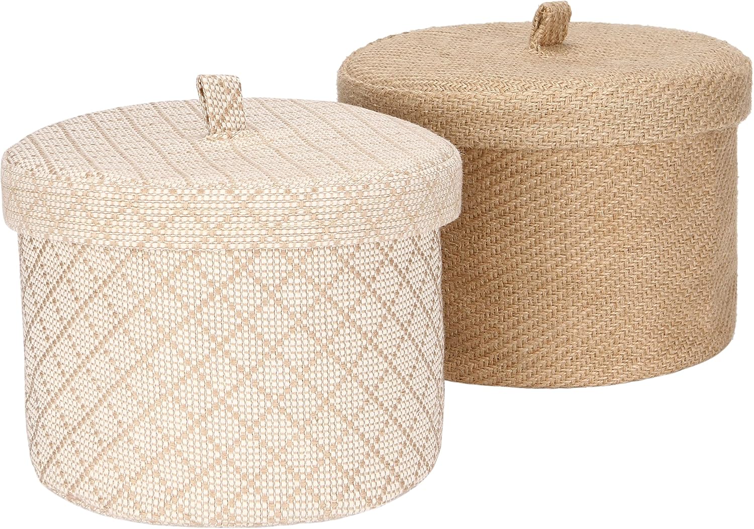 Sea Team 2 Pack Jute and Cotton Linen Storage Basket Cute Round Box for Toiletry Toy Sundry Item 5 Liters Desk Gadget Organizer with Lid(Medium B)