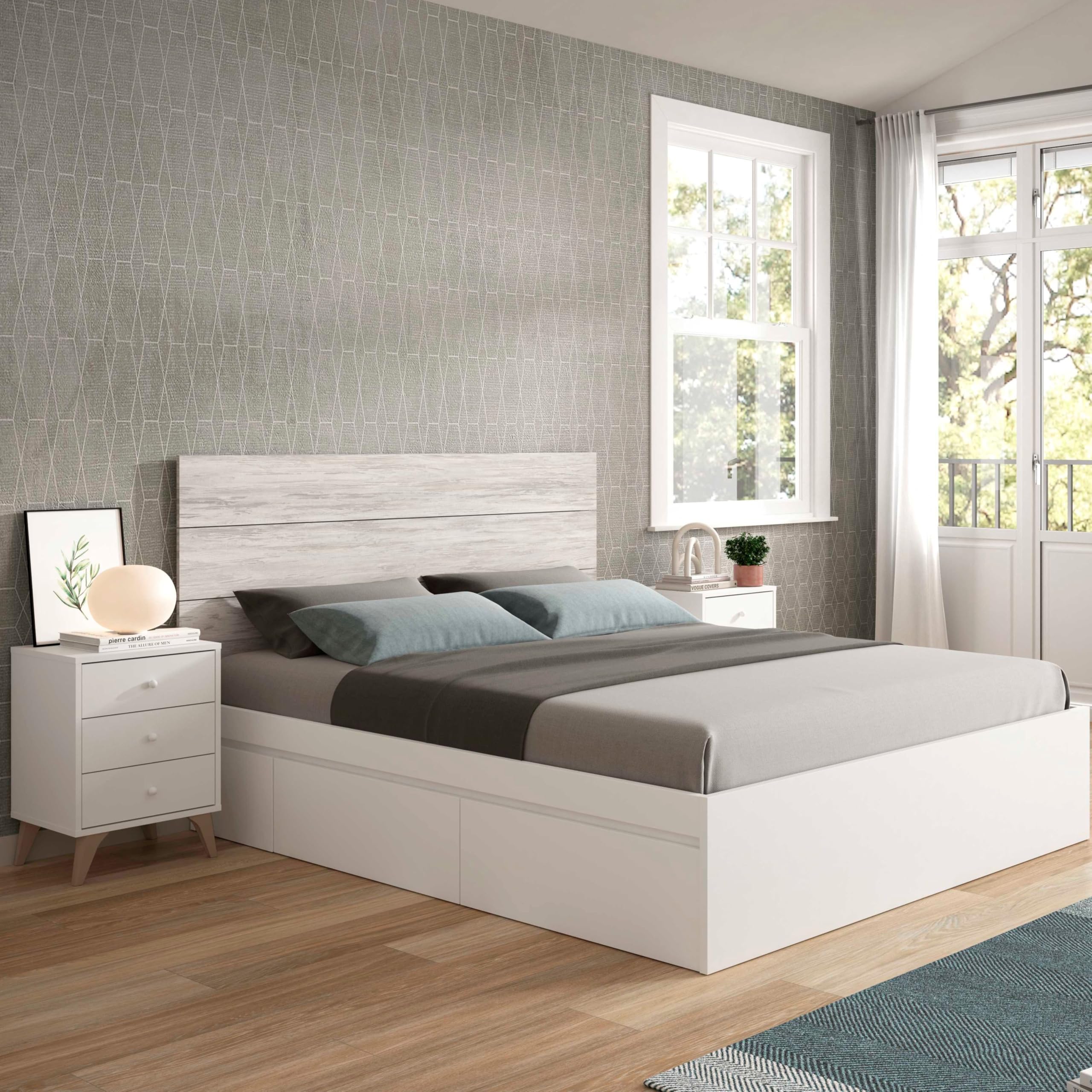 Habitdesign – Mesita de Noche con 3 Cajones y Patas, Color Blanco Artik, 56x40x33,5 cm – Modelo Sweet