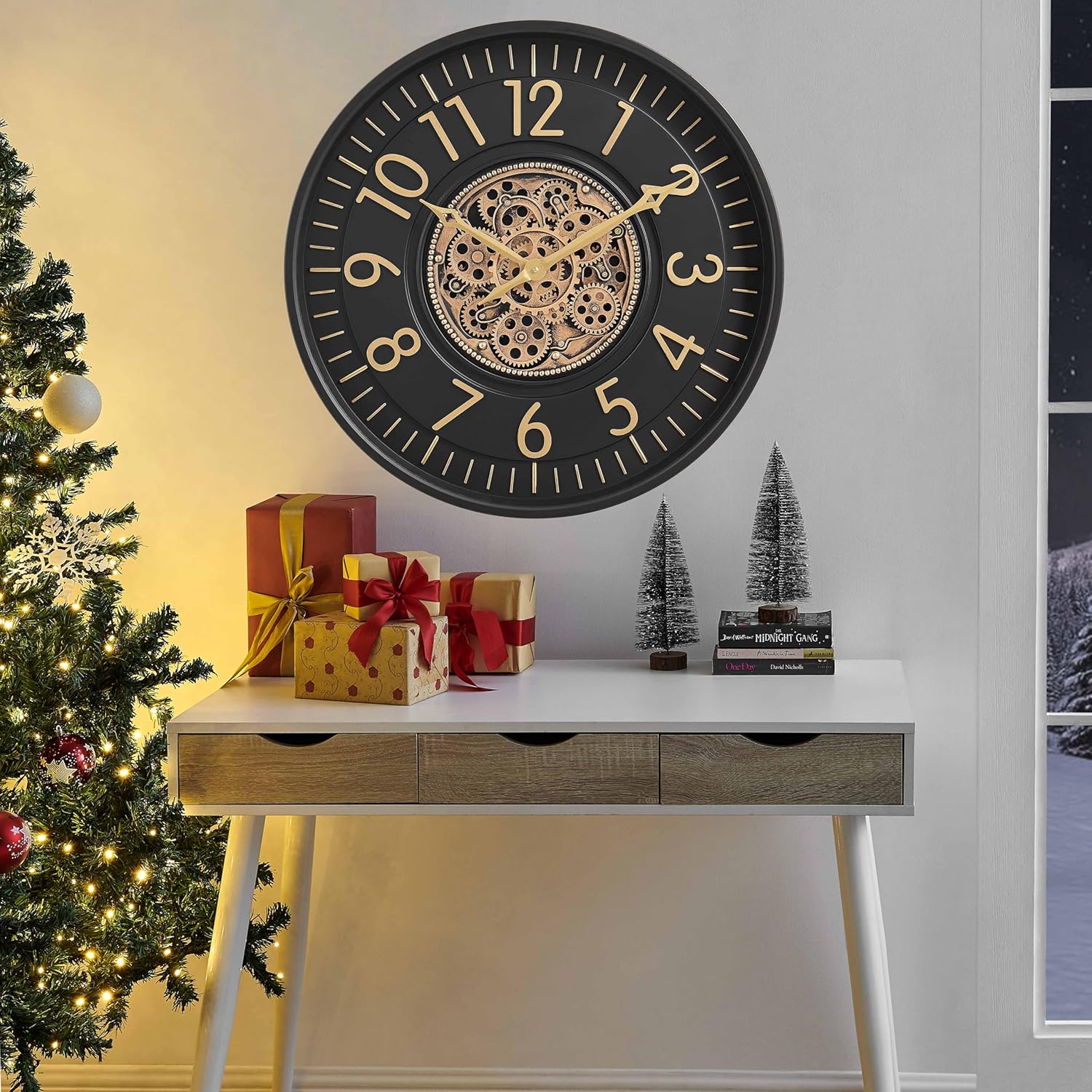 CLXEAST 21 Inch Moving Gear Wall Clock, Large Regular Arabic Numeral Wall Clocks for Living Room Decor,Modern Black& Gold Finish,House Warming Gifts New Home