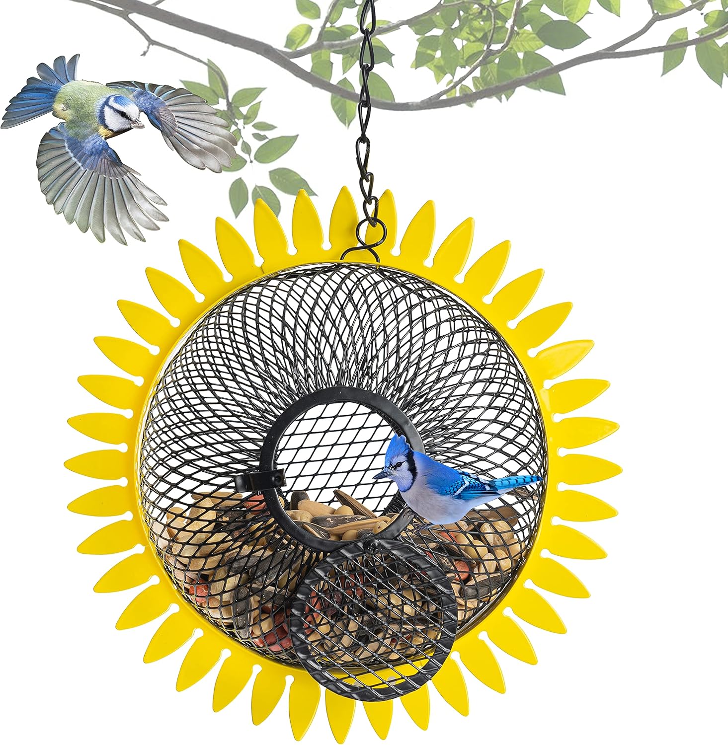 NEROSUN Hanging Wild Bird Feeders for Outside, Metal Sunflower Shape Bird Feeder for Outdoors Hanging Clearance