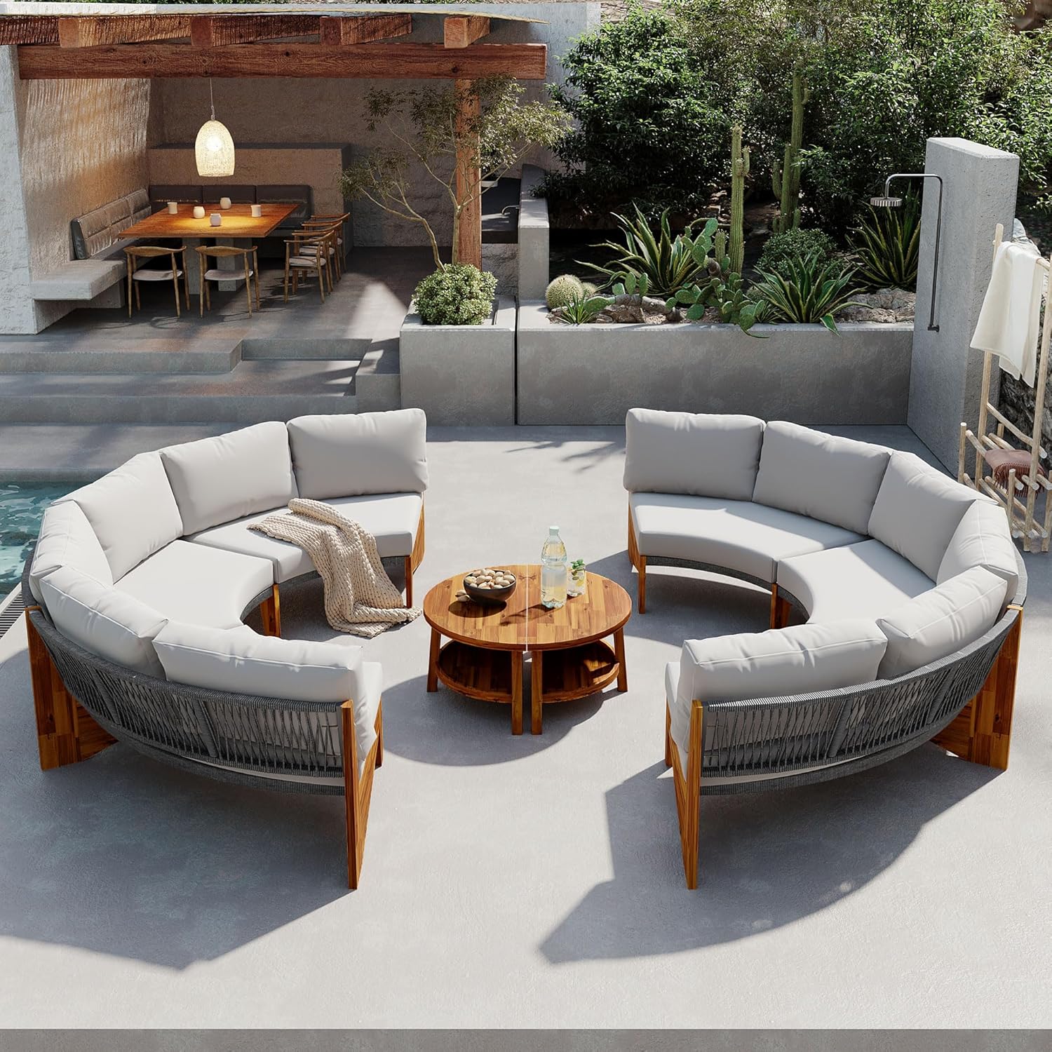 Quarte Outdoor Acacia Wood Round Sofa Set, Sectional Sets with Coffee Table,6-Person Seating Group for Garden, Deck (Gray/Half-Moon*A)