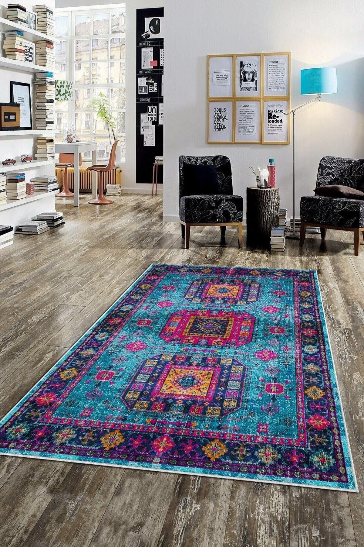 Pelangi Mavi Eskitme Desenli Çerçeveli Yıkanabilir Kaymaz Taban Leke Tutmaz Modern Salon Halısı Ve Yolluk, Mavi 100 x 600, 74571091100600728
