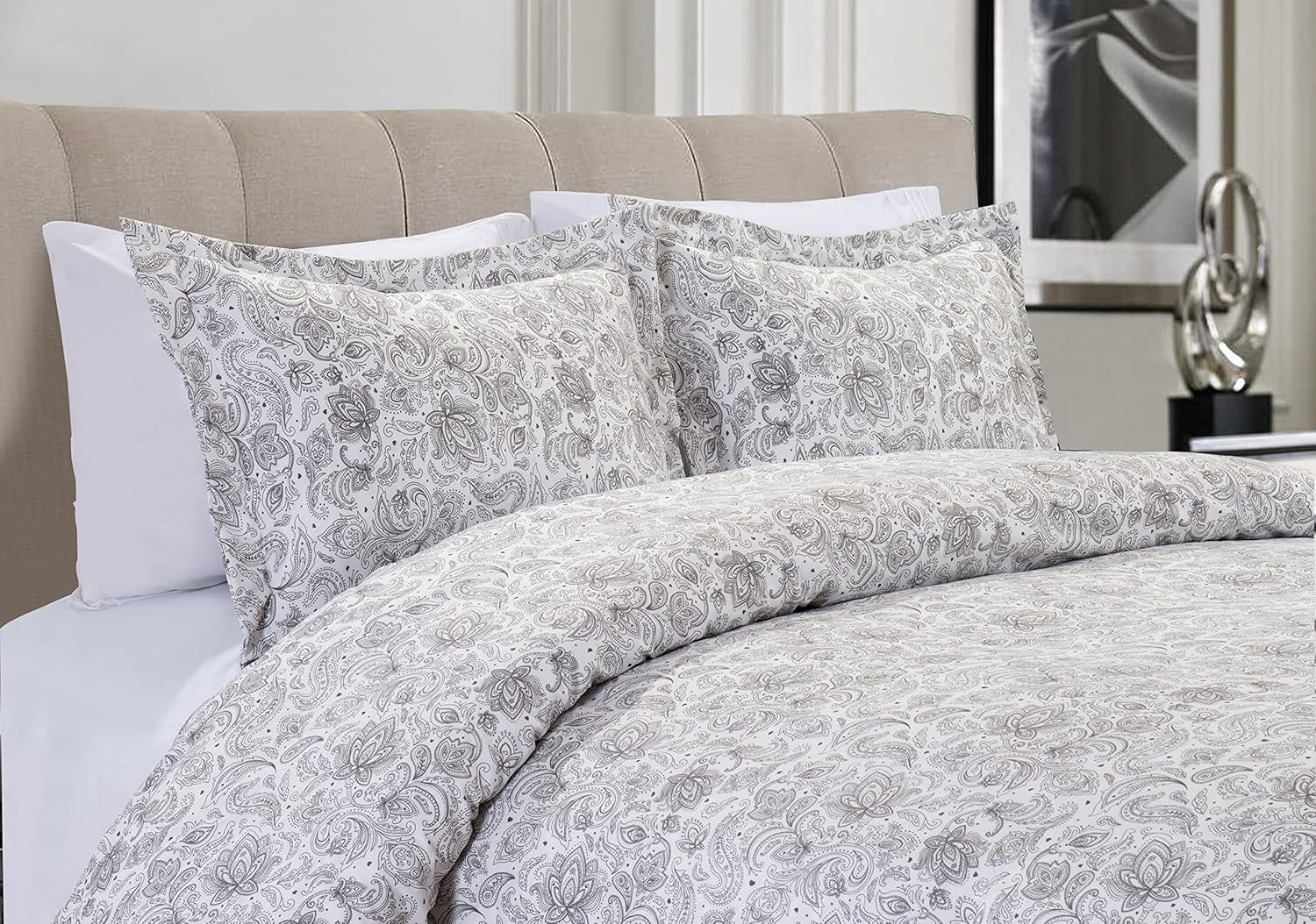 Luxury Silky Soft Coziest 1500 Premier Hotel Quality 3-Piece Duvet Cover Set |Coarse Paisley Pattern| Wrinkle Free, King/California King, Light Grey