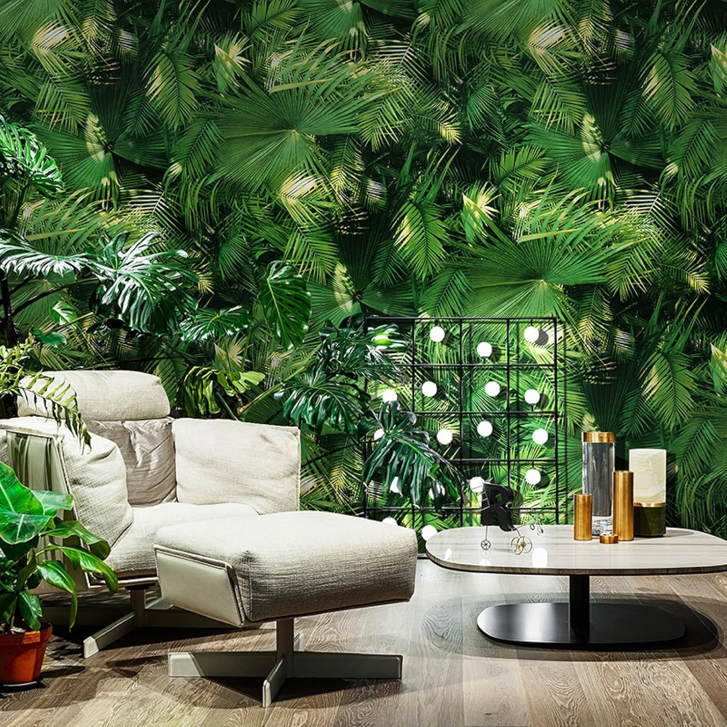 LOBUNS Fresh Palm Leaves 3D Wall Murals, Tropical Plants Peel and Stick