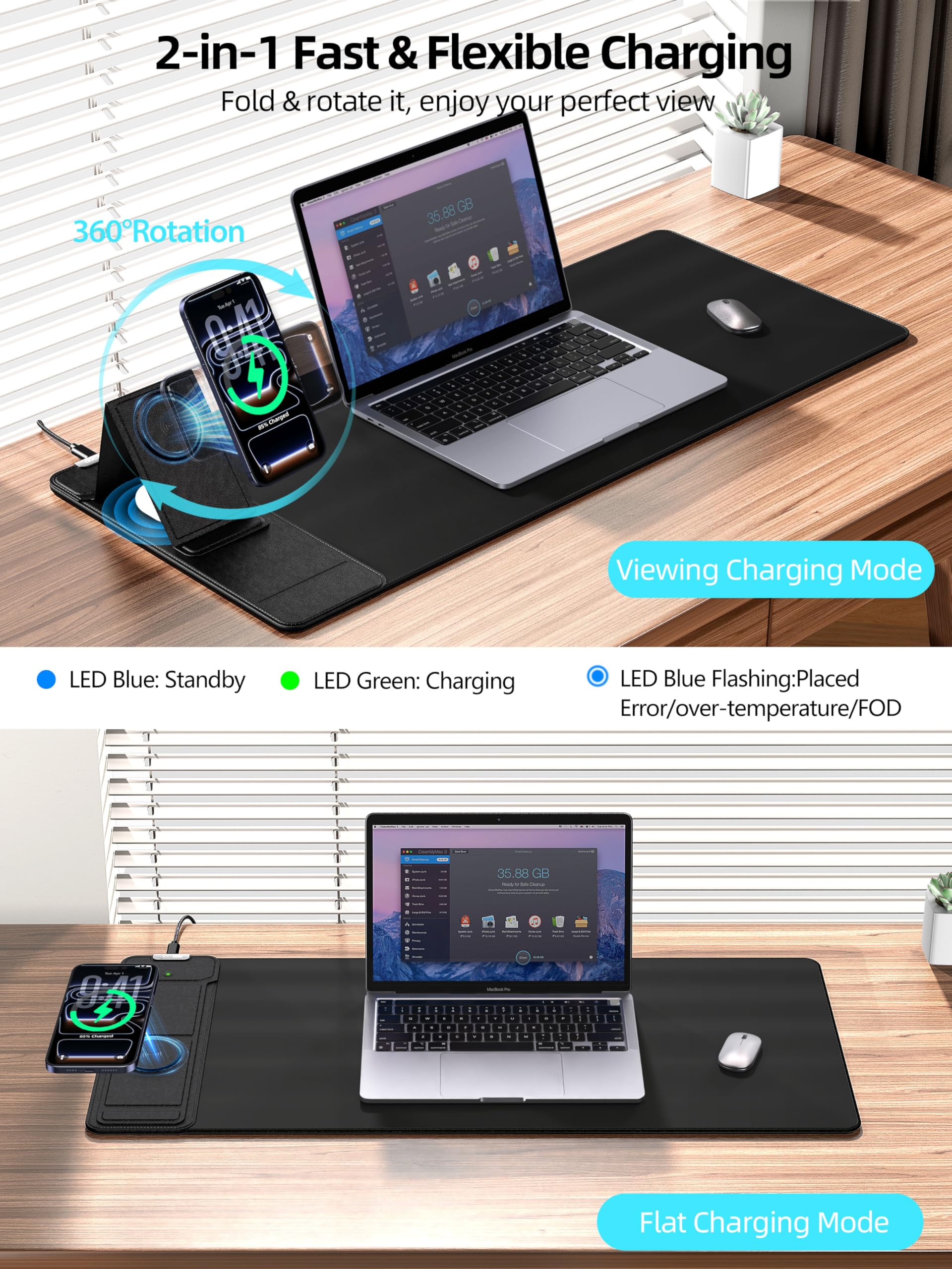 Tappetino per mouse con ricarica wireless magnetica e supporto regolabile per telefono, tappetino da scrivania esteso da 70 x 30 cm, tappetino per tastiera impermeabile ultra liscio, base antiscivolo