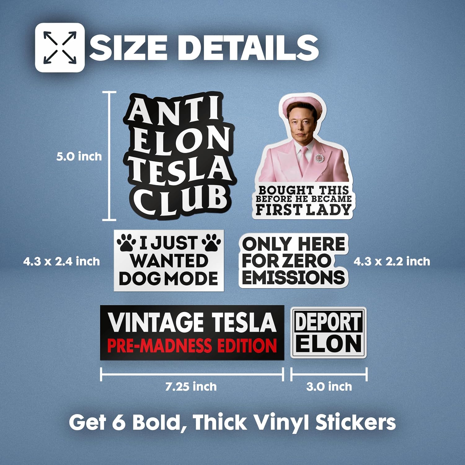 Funny Elon Sticker Pack – 6 Large Bumper Vinyl Decals: “Vintage Pre-Madness Edition”, “Dog Mode”, “Zero Emissions”, “No Elon Club” – Waterproof for Car, Laptop & More image 2