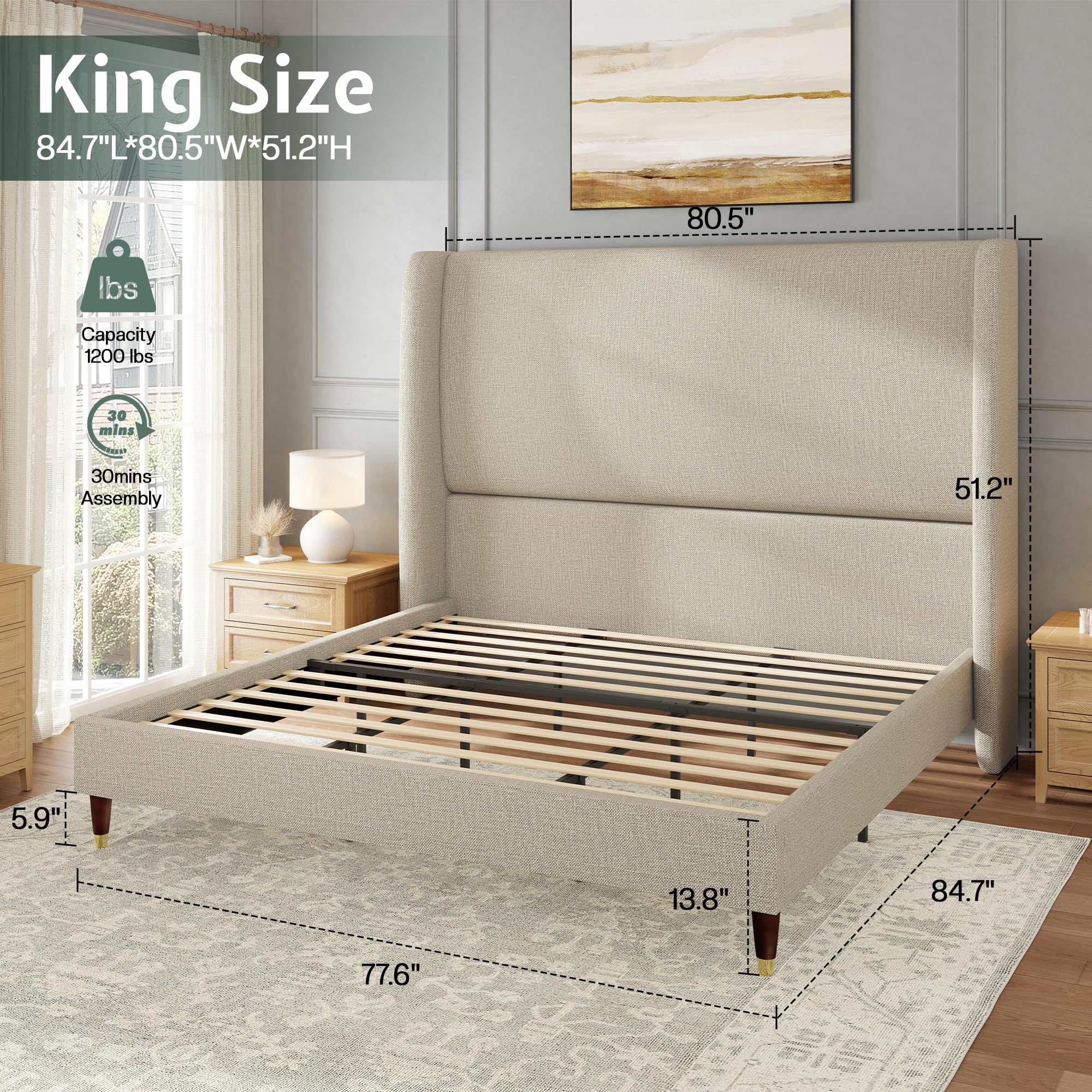 Jocisland King Bed Frame Linen Upholstered Wingback Headboard, Brown — product photo