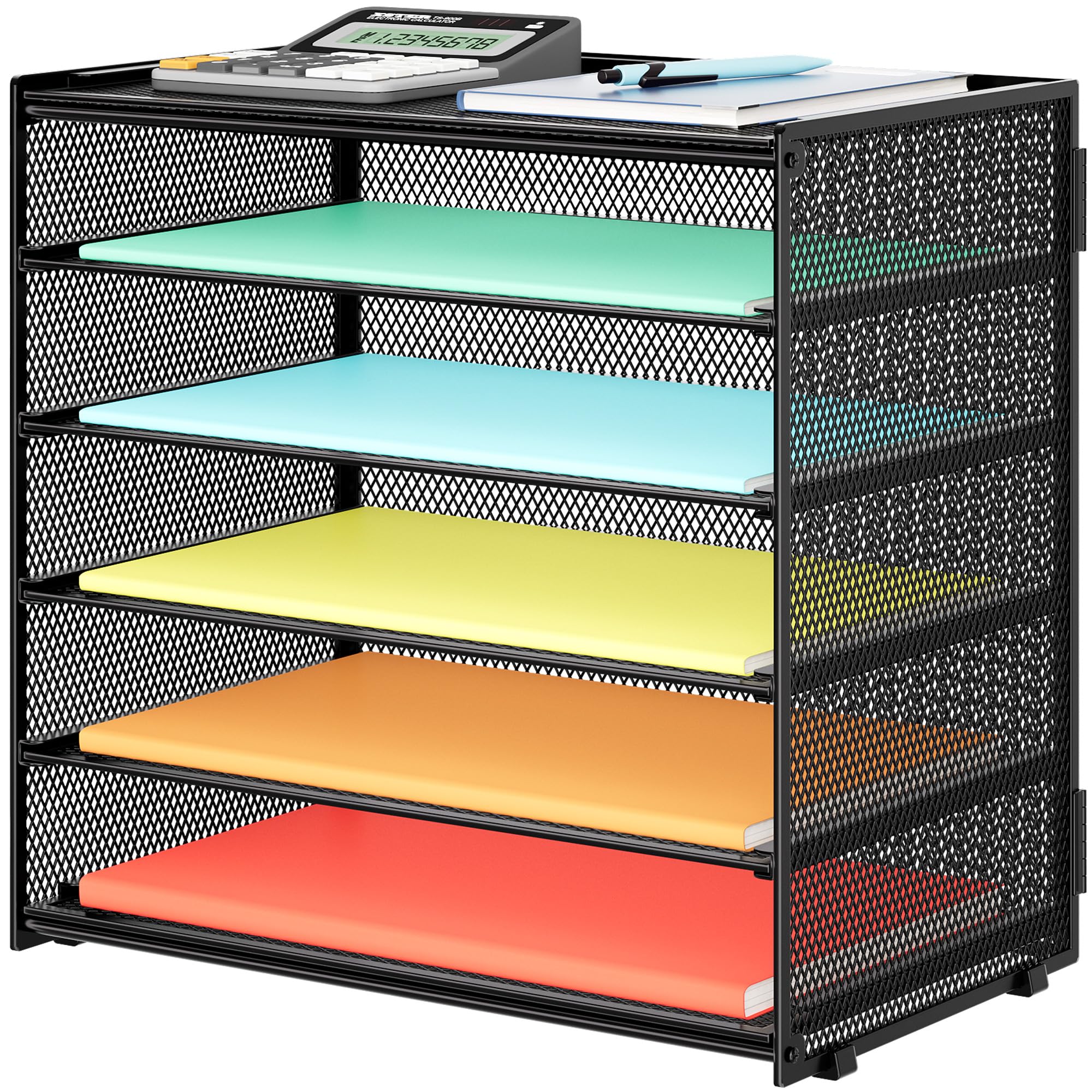 Biciyarn 6 Tier Paper Organizer, Metal Mesh Desk File Folder, Letter Tray Organizer, Paper Sorter Desk Organizers for Office, Home or School File Folder Holder - Black