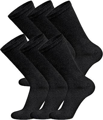 6 Pairs of Cotton Diabetic Non-Binding Neuropathy Crew Socks (Black, Fits Mens Shoe Size 9-12/Womens Shoe Size 10-13)