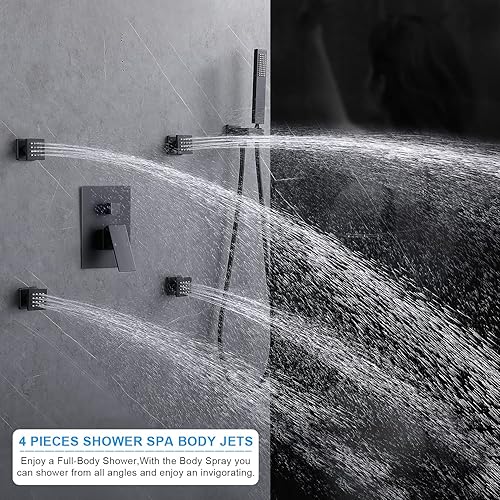 Miniatura 5 de Enga Sistema de ducha de lluvia negro mate con 4 chorros de cuerpo de 12 pulgadas de montaje en pared, sistema de cabezal de ducha múltiple de metal