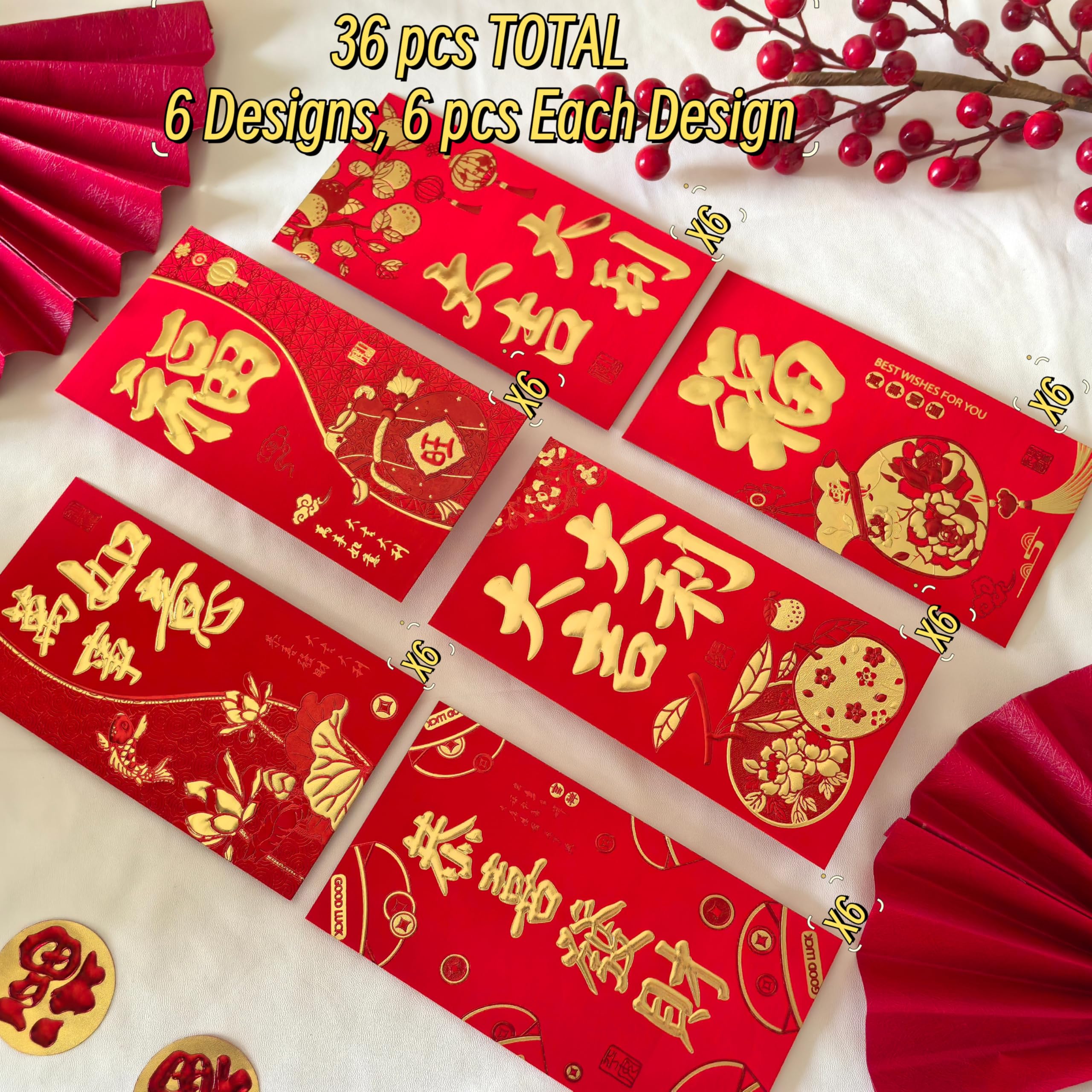 Chinesische Neujahrs-Umschläge 2025 – Rot, Goldgeprägt, 12 Stück (6 Designs), Für Geldgeschenke