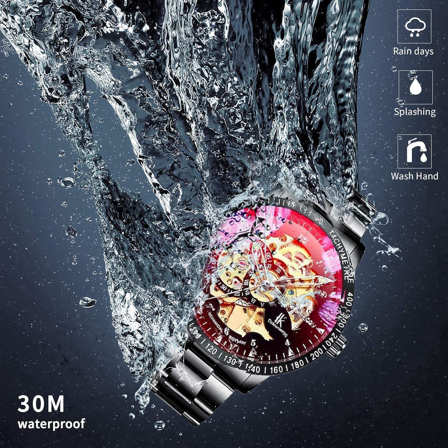 GLEIM Men's Watch Skeleton Automatic Mechanical Wristwatch, Silver Golden Dial Tachymeter Black Stainless Steel Casual Steampunk Watch (Red) - Image 5