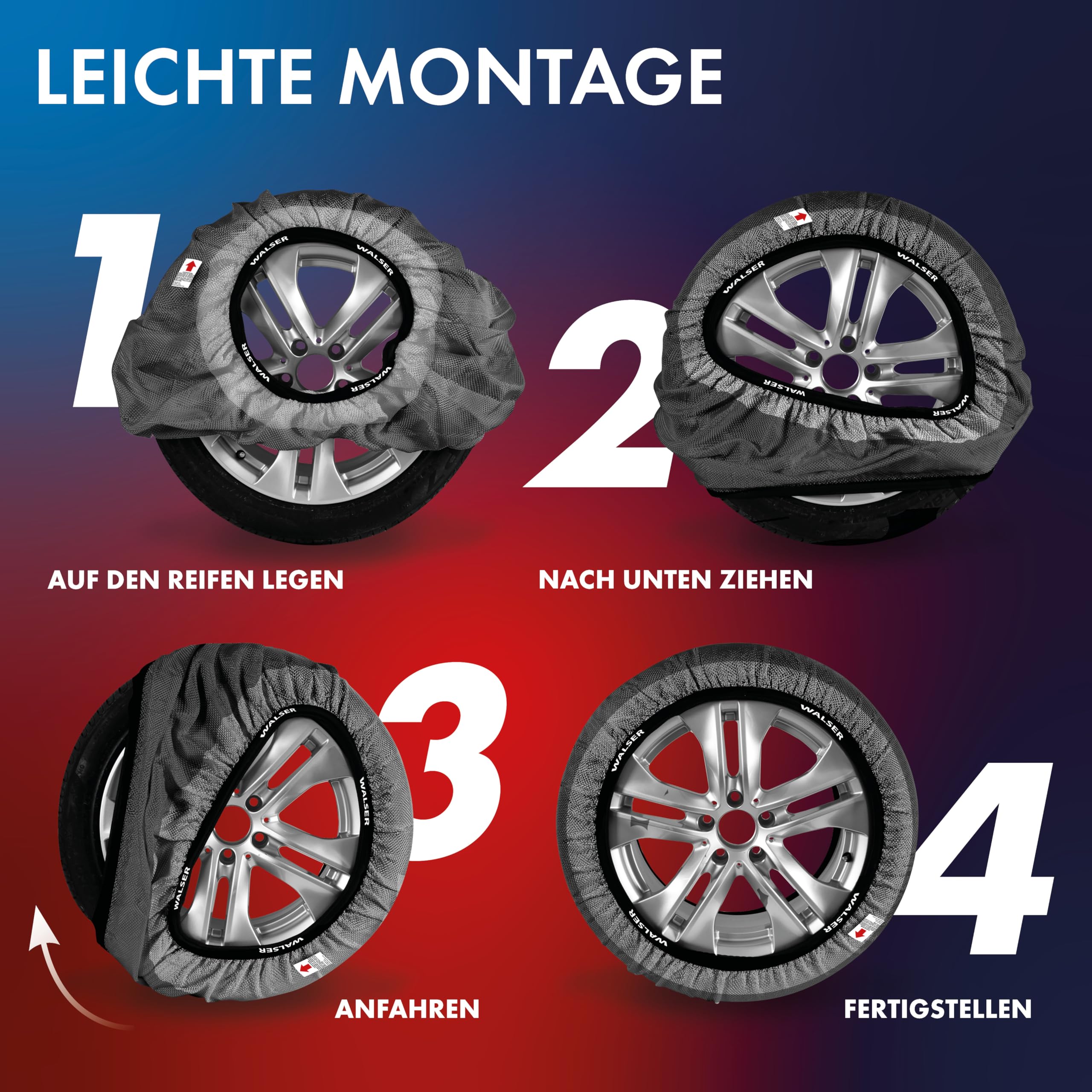 WALSER Premium Textile Schneeketten EU Norm 16662-1 homologiert, Qualitätssieger Sehr Gut*, 2er Set Textilschneekette Snow Sock, Anti-Rutsch Auto Schneeketten, Car Snow Chains R13-R22 Felgengröße, M