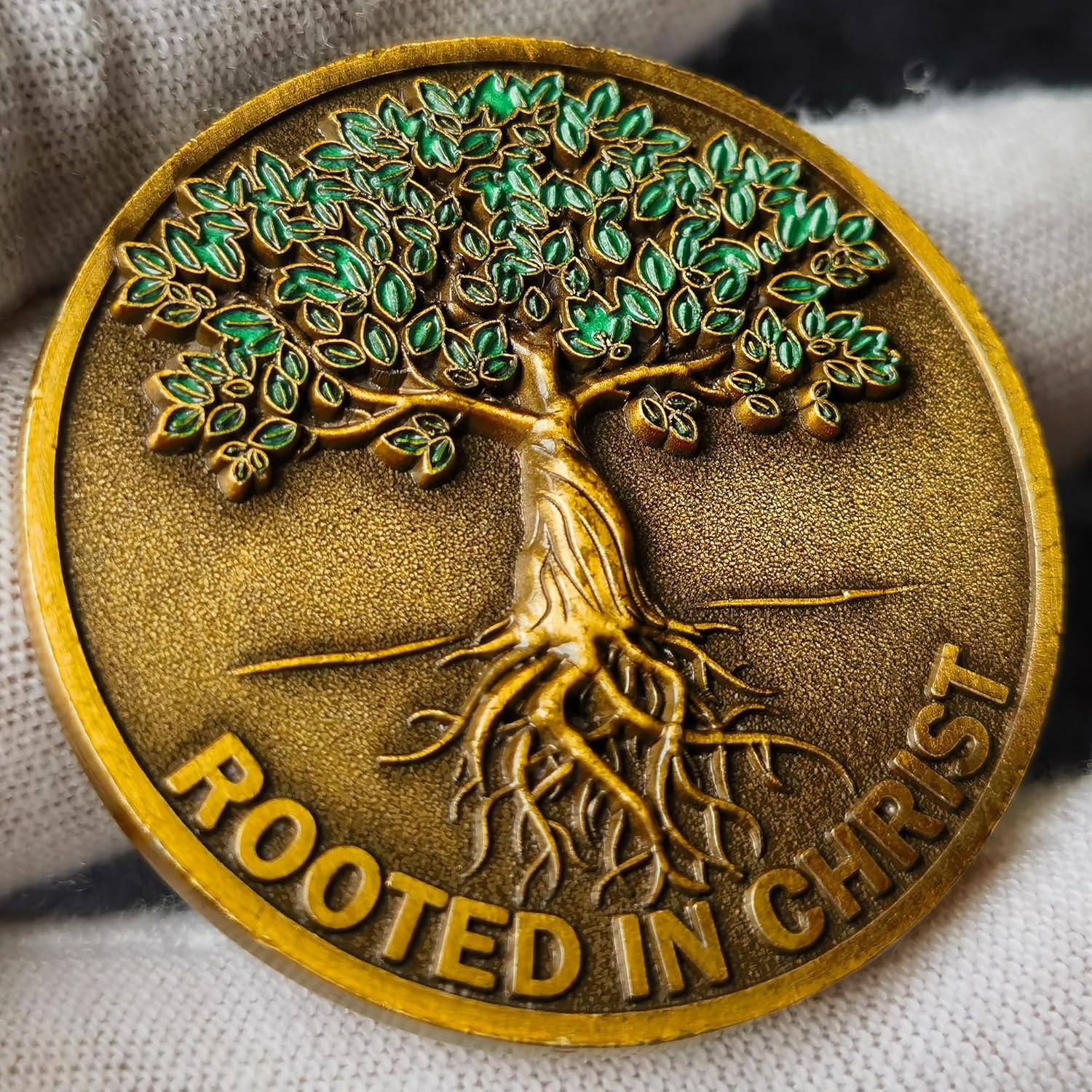 Rooted in Christ Challenge Coin Antique Gold Color Christian Lucky Coin Bible Verse Medallion Pocket Hug Token (Pack of 10)