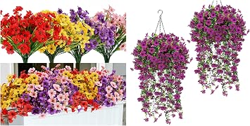 Geegoods 16 Bundles Mix Violet Flowers 2 Set Faux Hanging Violet Flowers Baskets with Eucalyptus Vines