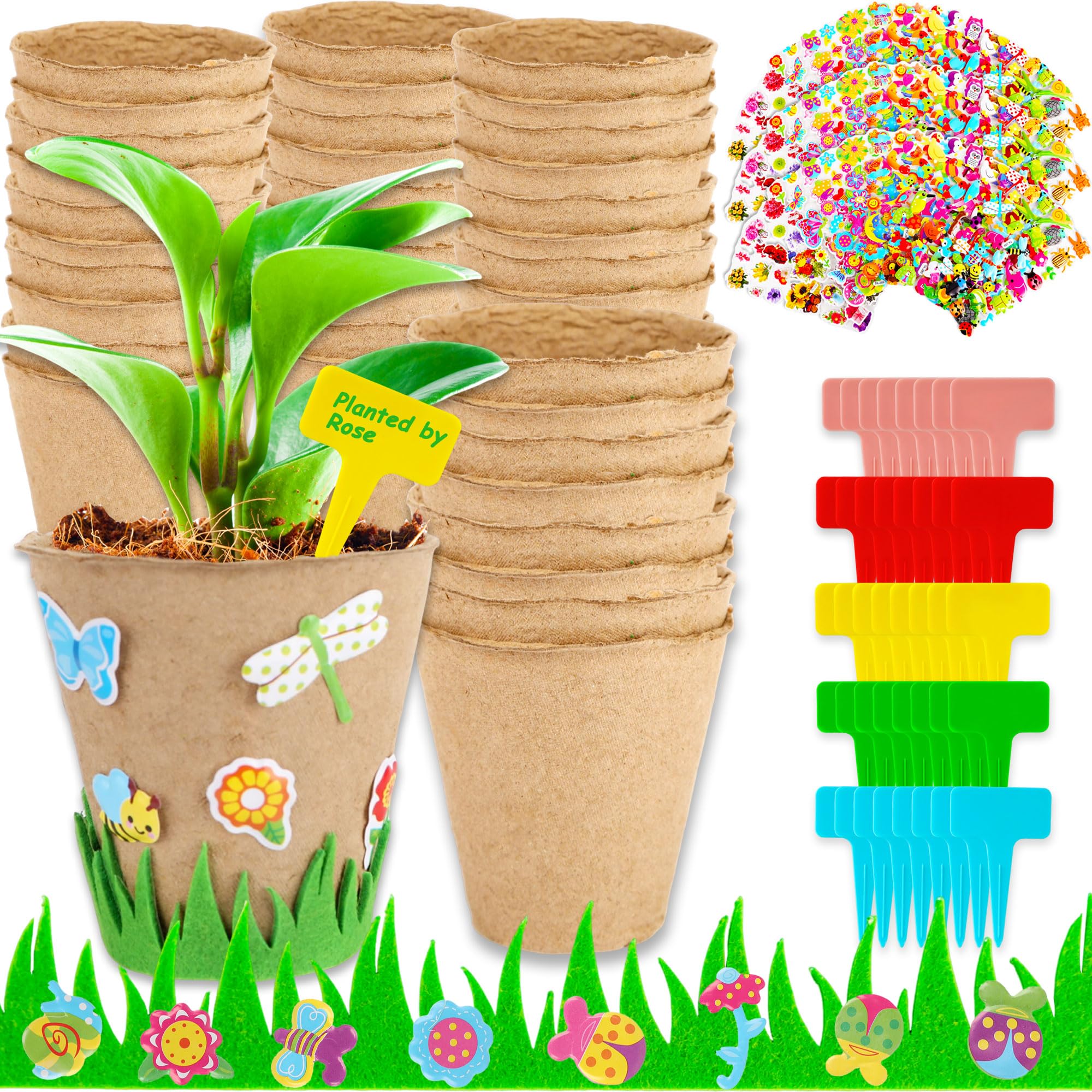 - 40 Set Garden Paper Craft Kit Include Round Paper Flowerpots Stickers Customized Self Adhesive Small Grass Labels DIY Flower Planting Foam Pots Kit for School Classroom Activities Decoration Supplies