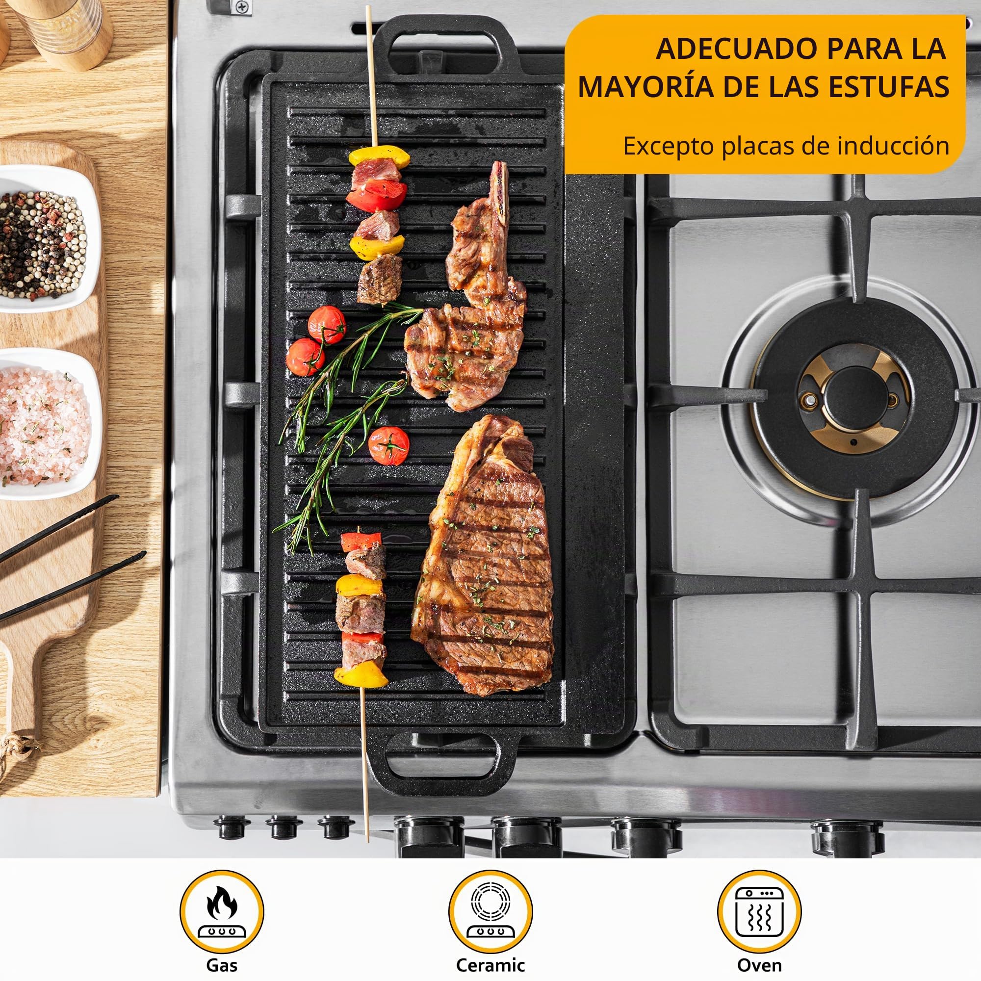 Velaze Placa de hierro fundido con asas, parrilla de hierro fundido de doble cara, de para barbacoa de gas y parrilla eléctrica, sartén para barbacoa, camping, jardín – 42 x 23 cm
