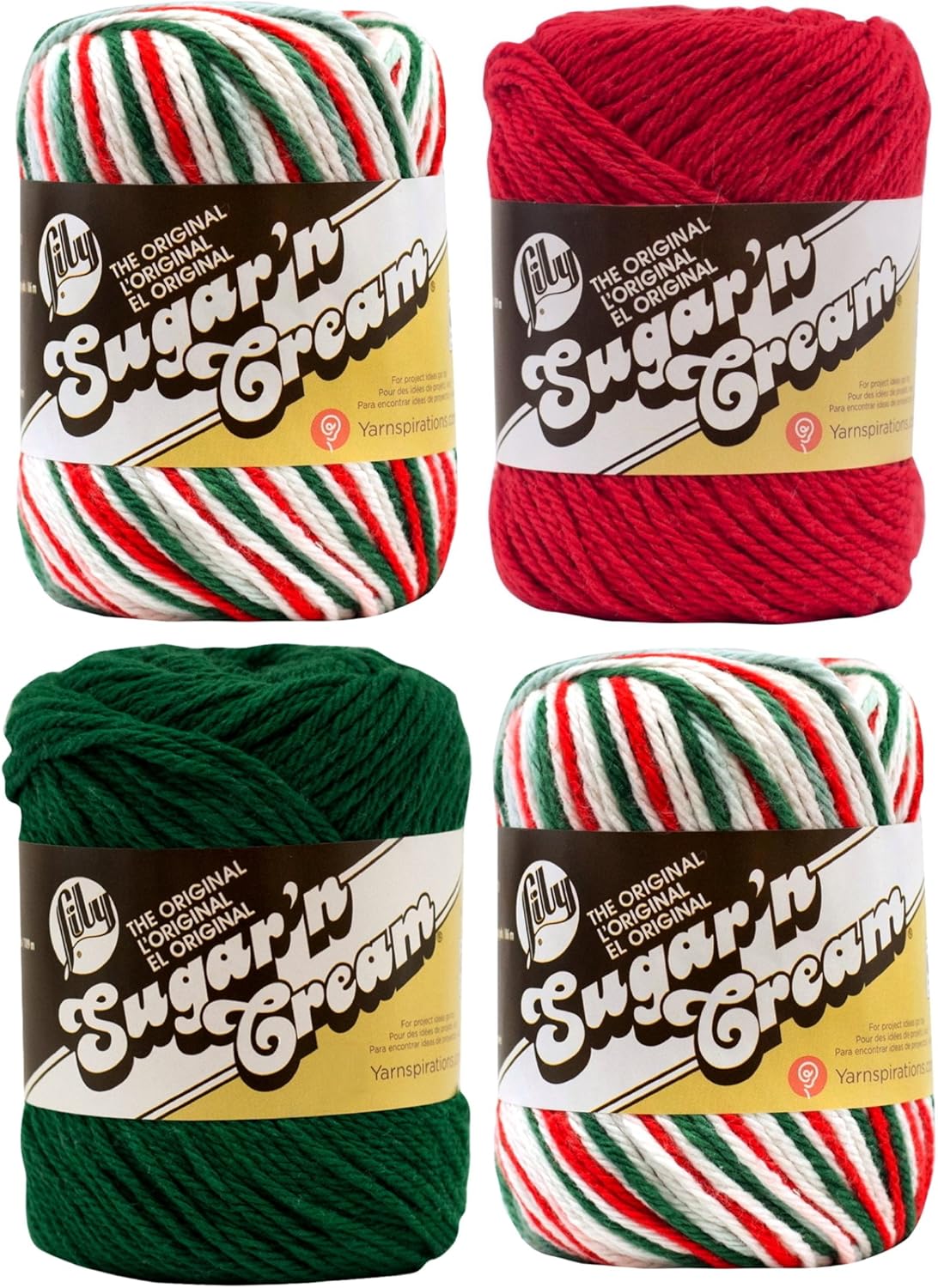 Bulk Buy: Lily Sugar 'n Cream Limited Edition 100% Cotton Yarn (Coordinated 4-Pack) (Mistletoe x 2, Dark Green, Red)