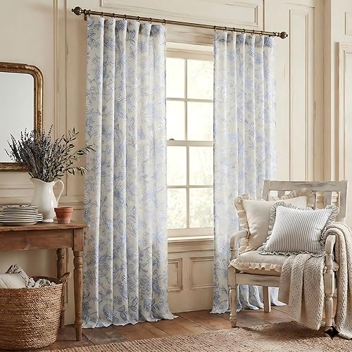 NICETOWN Blue Linen Blend Floral Curtains 96 inch Long - Vintage Peony Printed Drapes for Living Room, Semi Sheer Window Curtain Set with Back Tab Rod Pocket, W52 x L96, 2 Panels