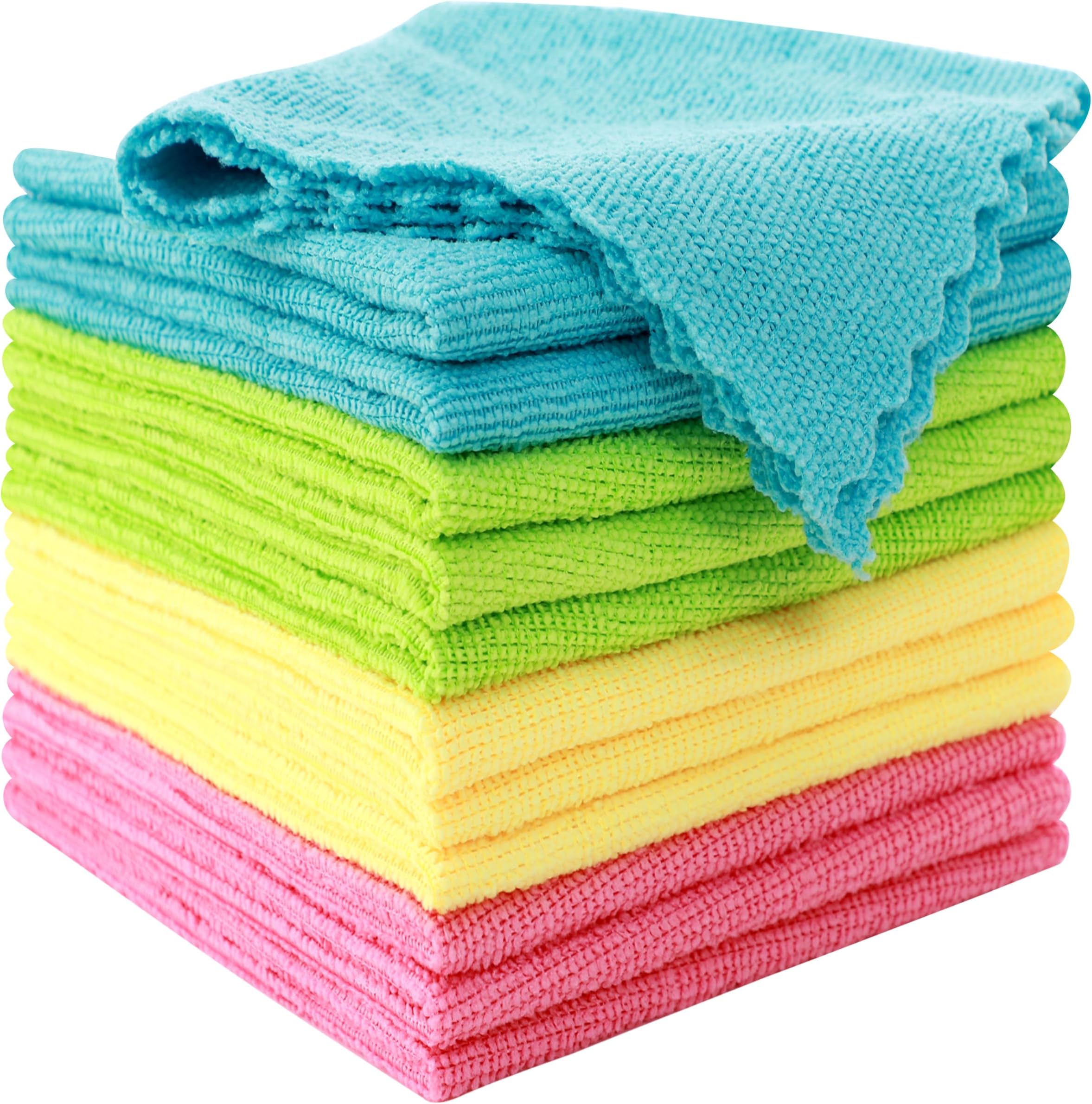 MOONQUEEN 12 Pack Microfiber Cleaning Cloth - Reusable Cleaning Rag, Fast Drying Cleaning Towels,12"X12", Green/Blue/Yellow/Pink