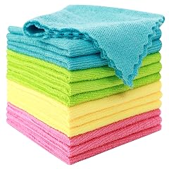 MOONQUEEN 12 Pack Microfiber Cleaning Cloth - Reusable Cleaning Rag Fast Drying Cleaning Towels 12X12 Green Blue Yellow