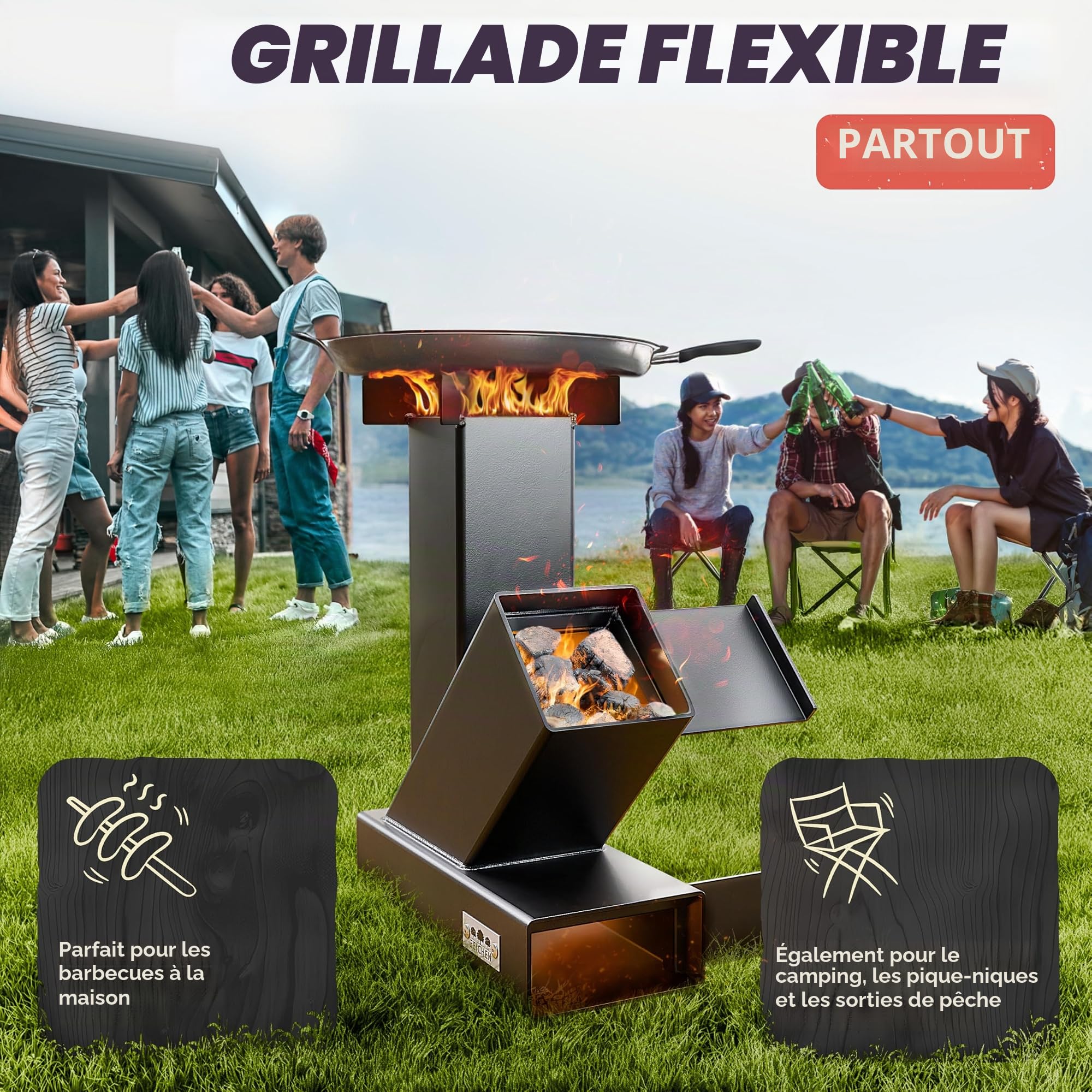 Four à fusée d'extérieur pour four néerlandais, barbecue, terrasse, etc. Pas de montage. Stable et compact. Rocket Stove comme four de camping pour cuisiner sans gaz ni électricité. Four à canon