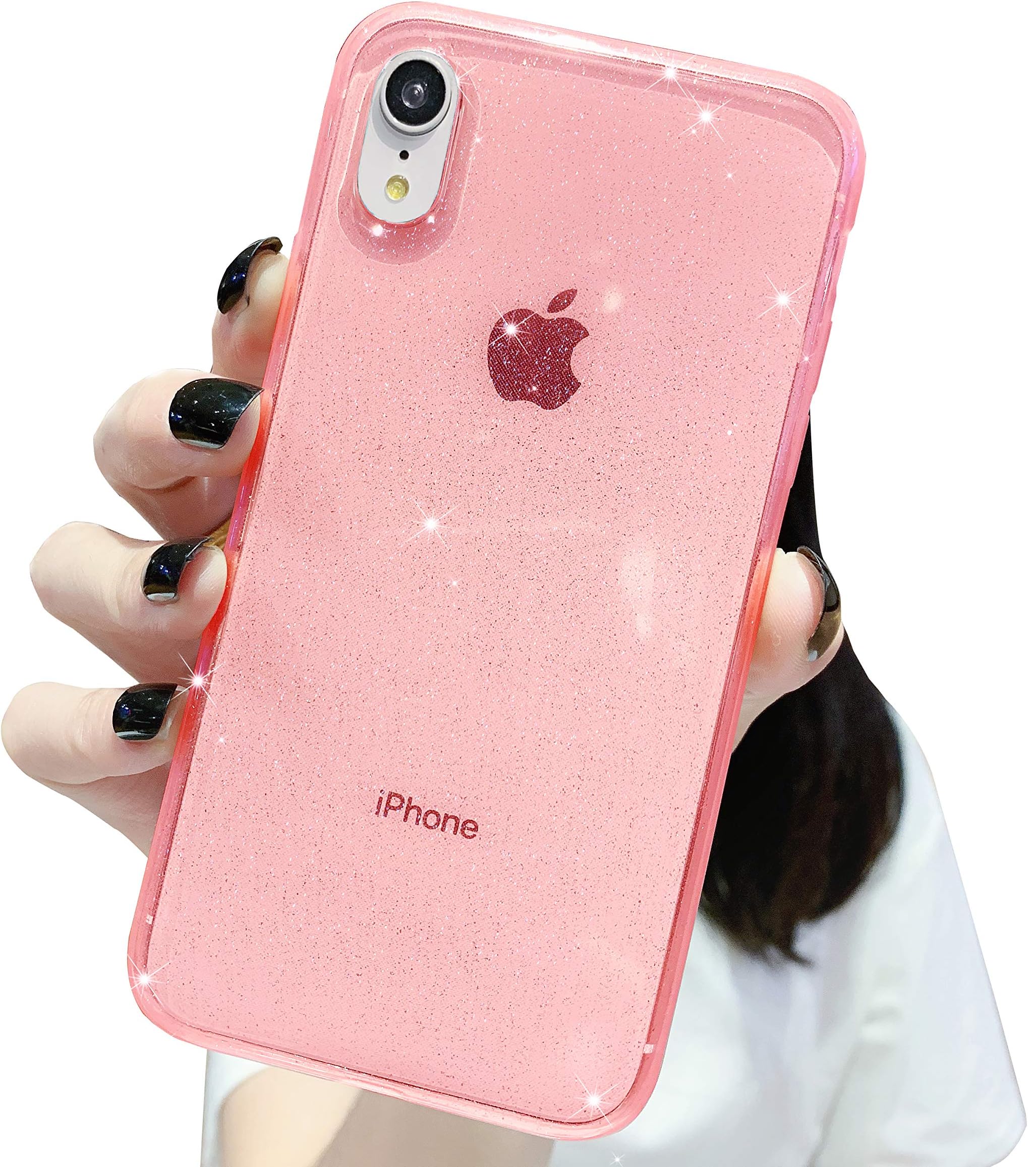 Anynve Compatible with XR Case for Girl,Clear Glitter Sparkle Bling Case [ Anti-Shock Matte Edge Bumper Design] Cute Slim Soft Silicone Gel Cover Phone Case 6.1''-Pink