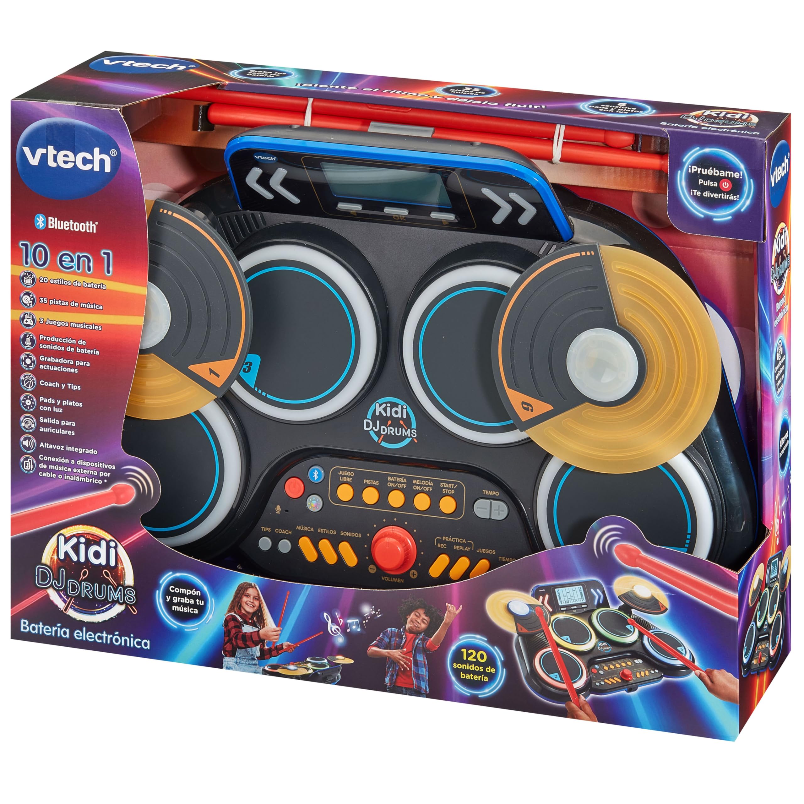 VTech - Kidi DJ Drums, Batería electrónica para niños 10 en 1 con Pads iluminados, platillos, Baquetas, Bluetooth, Aprendizaje y Juegos, Regalo niños +6 años, Versión en Español