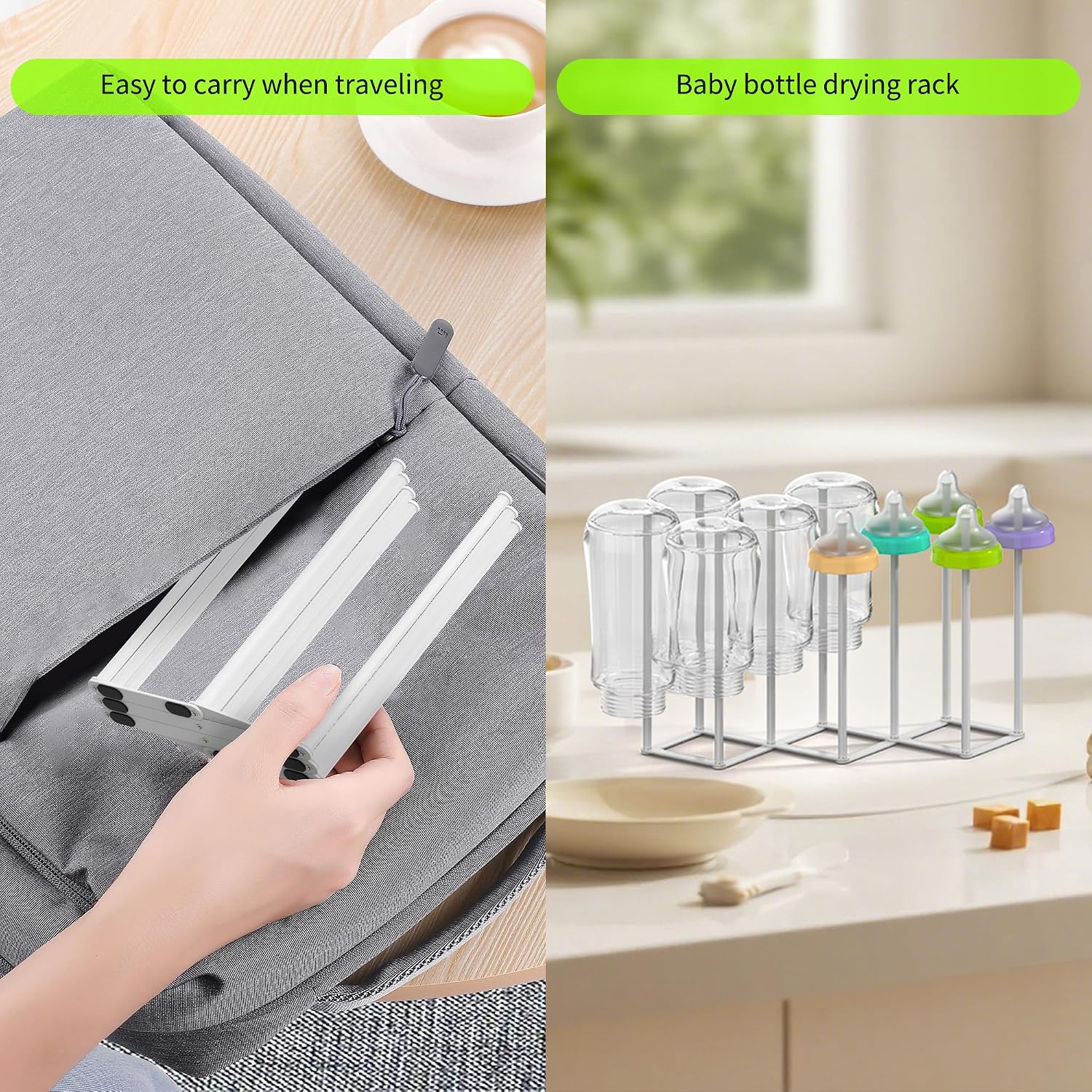 Collapsible Bottle Drying Rack, Foldable Baby Bottle Drying Rack, Portable Drainer Stand Holder for Water Bottles, Cup, Reusable Silicone Bag, Cutting Board (White)