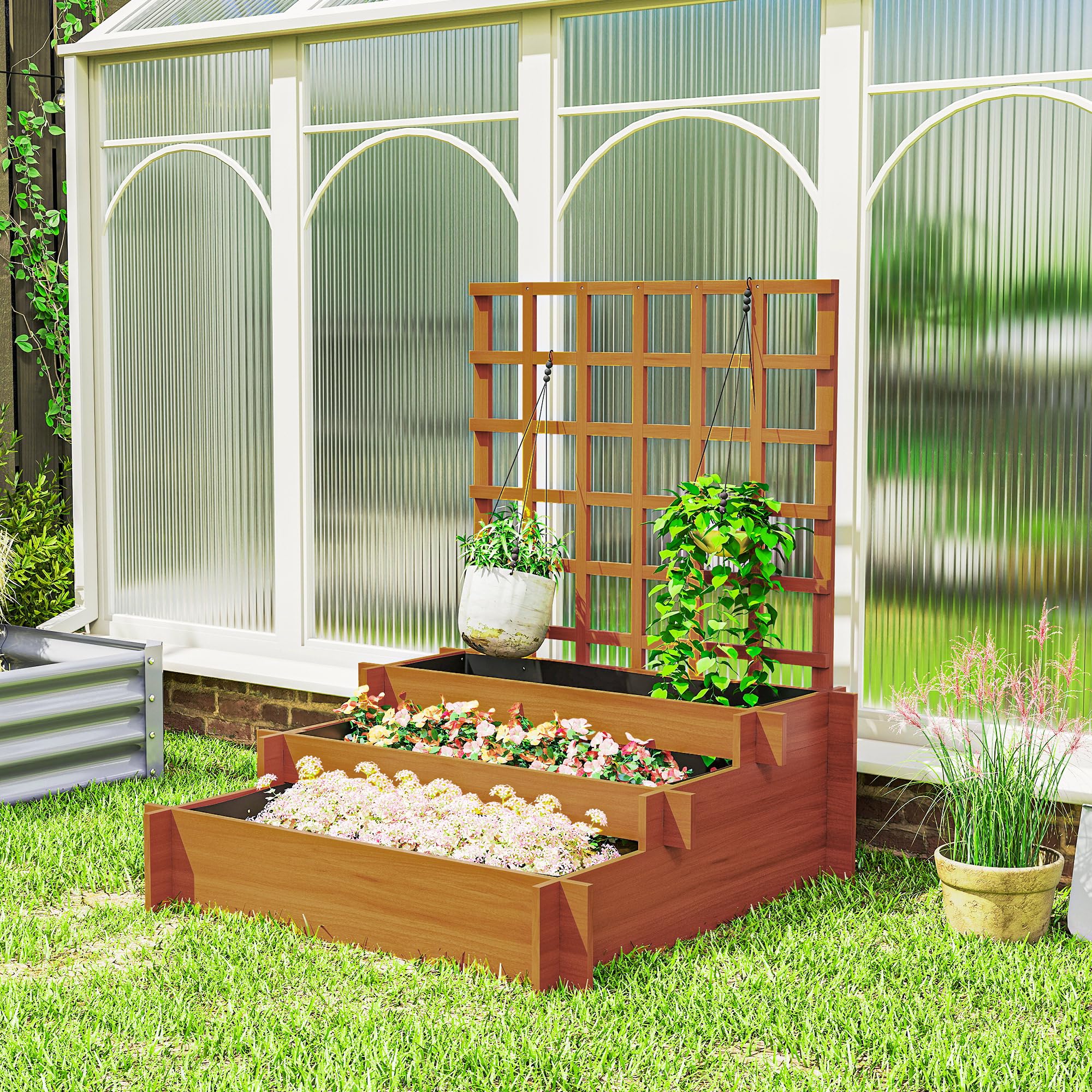 Outsunny Hochbeet mit Rankhilfe 3-Stufig Vliesstoff Braun 95x95x110cm