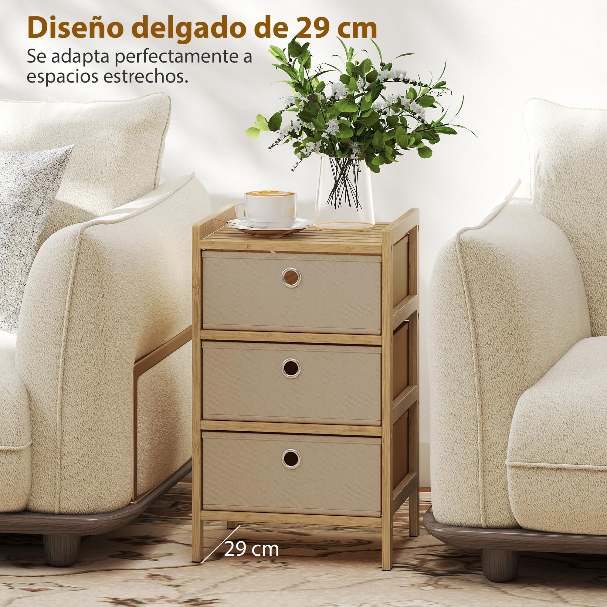 HOMCOM Cassettiera telaio bambù 3 cassetti tessuto bianco crema | Cassettiera, unità di stoccaggio stretta, per piccoli spazi, camera da letto, soggiorno, ingresso