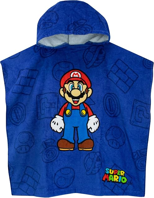 SUPER MARIO BROS Boys Gaming Hooded Towel Poncho Swimwear for Kids One Size Blue