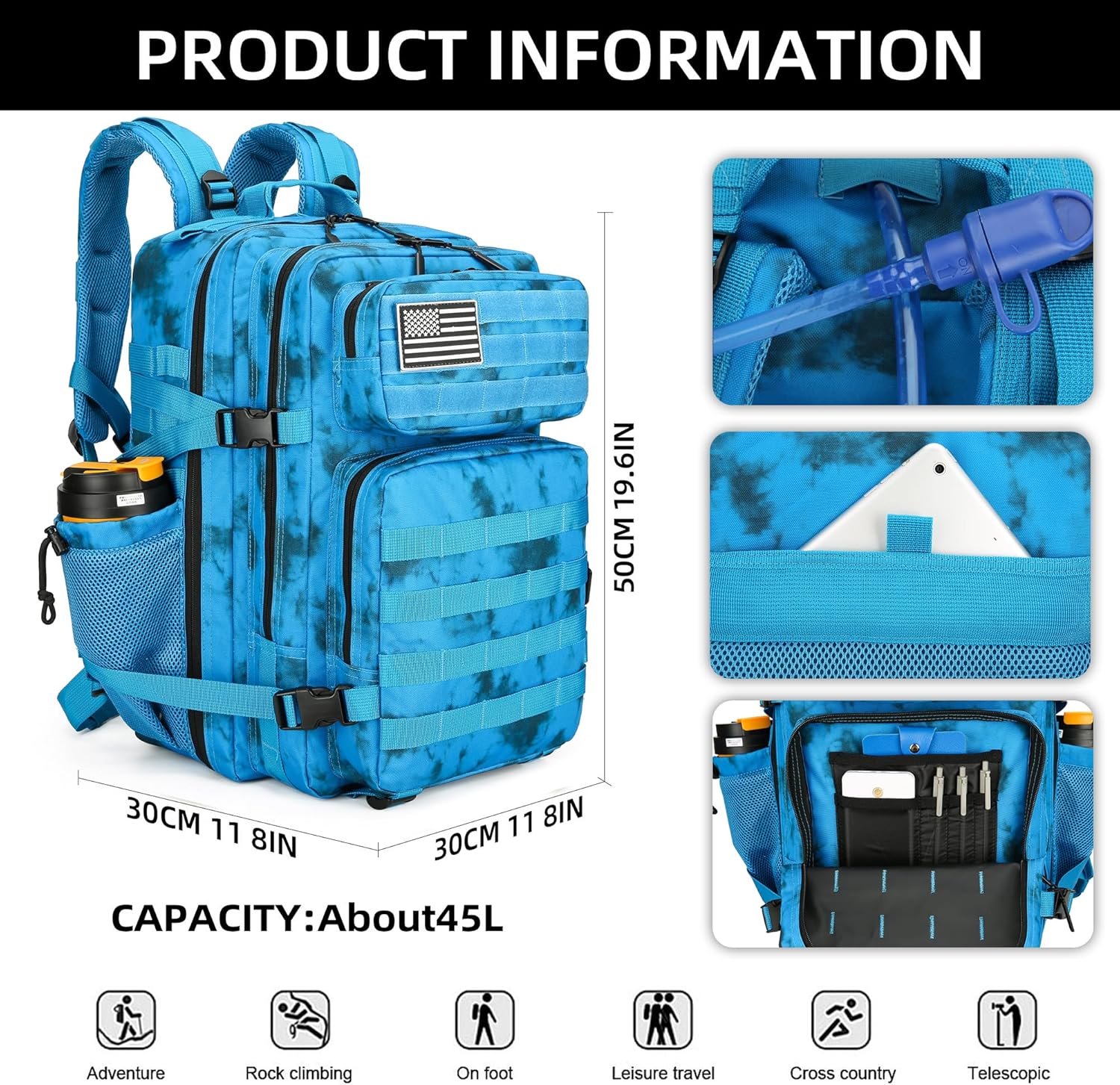 45L Tactical Assault Backpack 3 day assault pack with Molle Waterproof backpack Rucksack for Tactical Backpacks (Blue water pattern) - Image 2