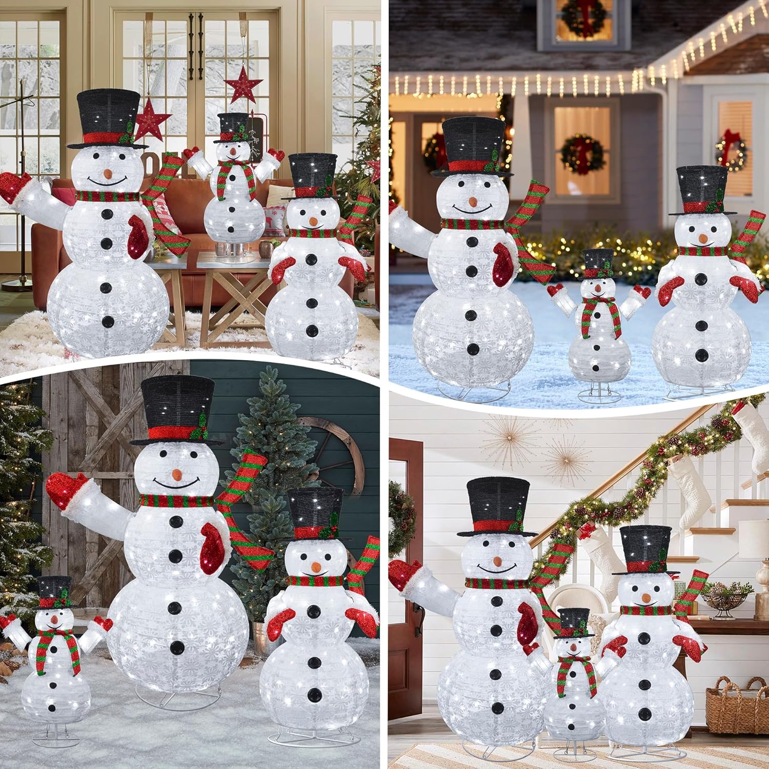 kemooie 3 Pcs 3D Lighted Christmas Snowman Decorations, 4FT+3FT+2FT Collapsible Snowman Outdoor Decorations with 270 LED Lights, Pre-lit Snowman Family Set for Indoor Outdoor Garden Lawn Xmas Decor