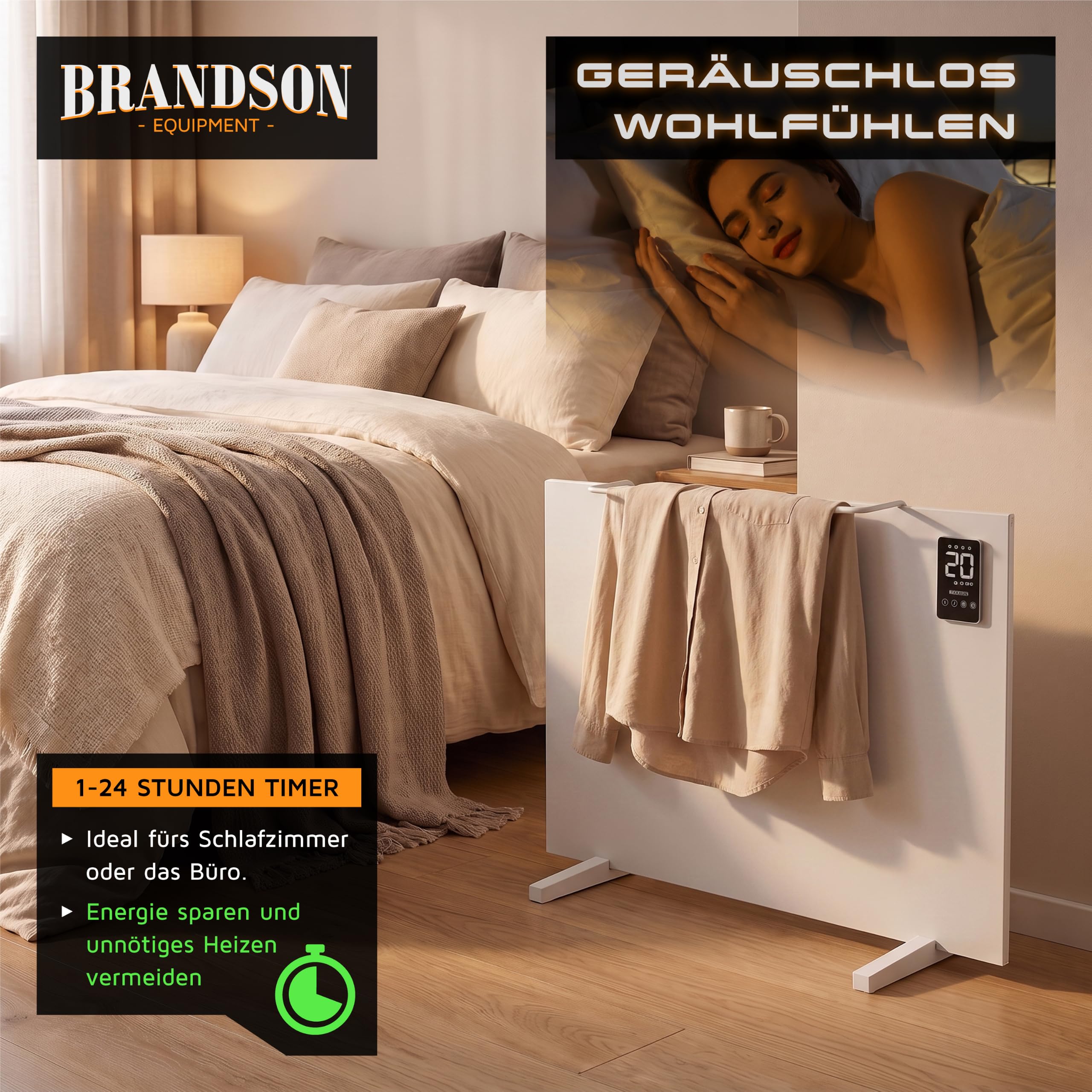 Brandson - Infrarotheizung Smart mit App 450 Watt - Heizpaneel mit LED Display – Timer – APP Tuya Smart - Temperaturfühler Thermostat – wahlweise Wandmontage oder Standgerät - Heizung Infrarot