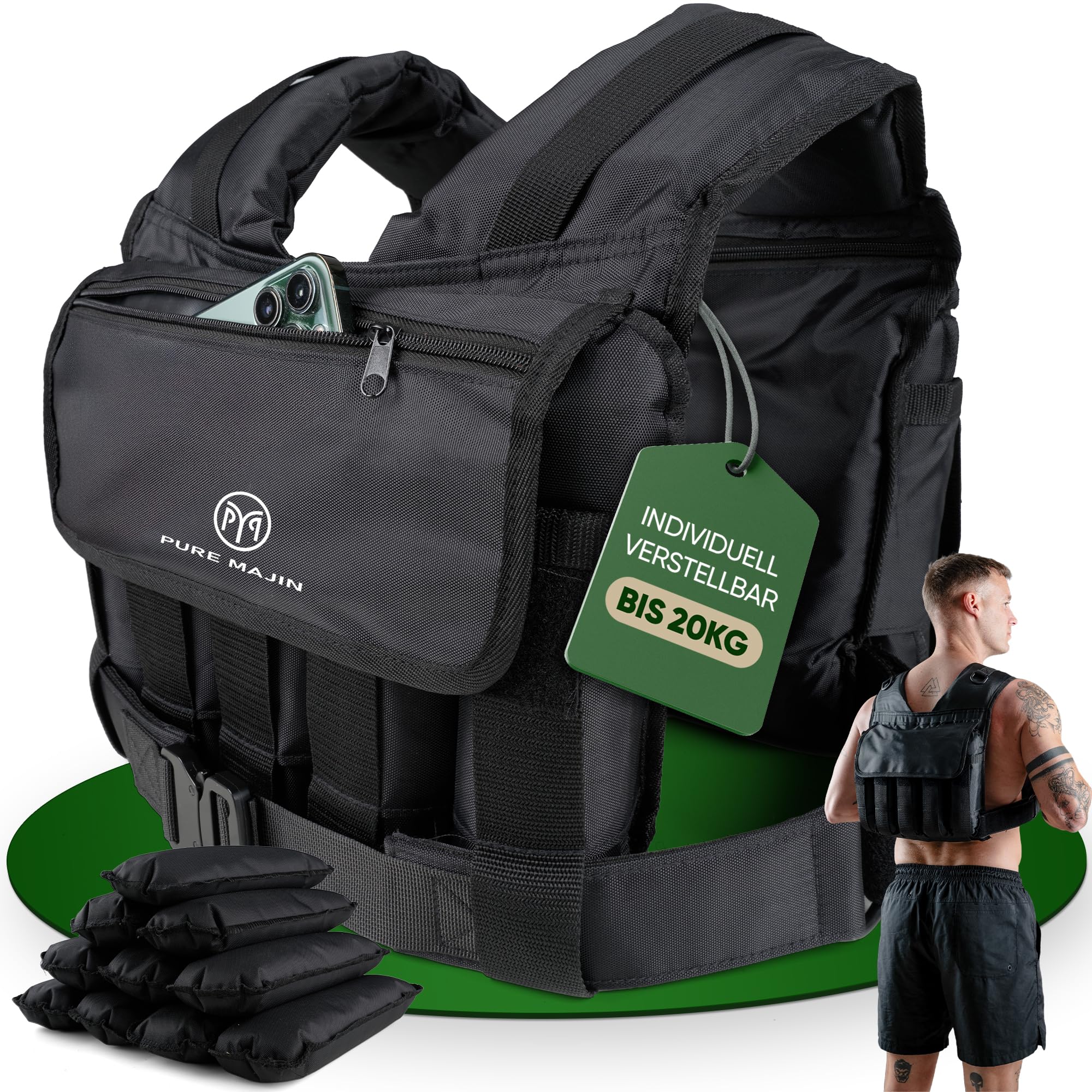 Gewichtsweste PURE MAJIN® 20kg verstellbar [mit Tasche & Metallgurt] | Fitness Workout Laufen Calisthenics Equipment Weighted Vest Trainingsweste Laufweste