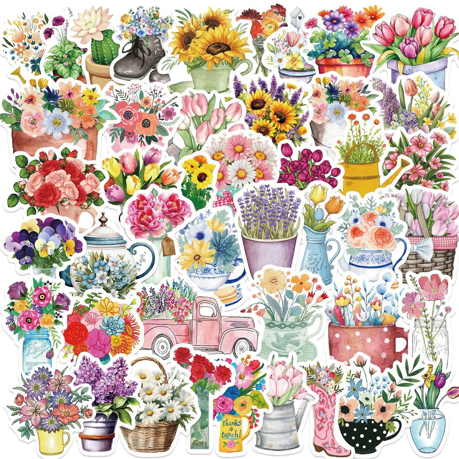 Beautiful Flower Stickers for Scrapbooking Water Bottles Laptop, 50PCS Cute Floral Stickers Gifts for Girls Women Adults, Eikecy Waterproof Vinyl