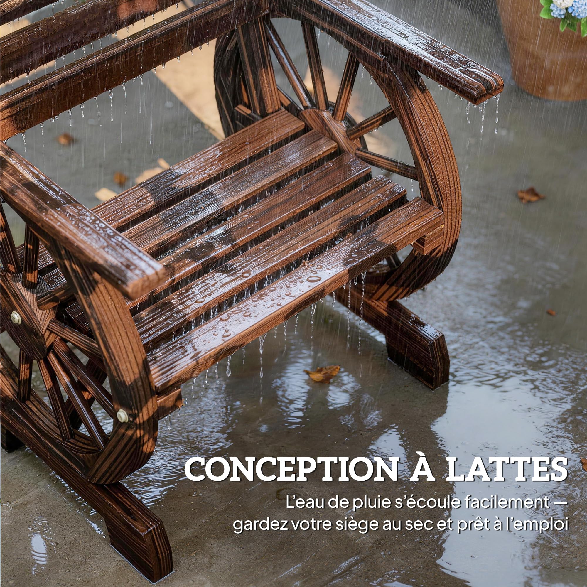 Outsunny Chaise de Jardin en Bois, Fauteuil de Terrasse Style Roue de Chariot, Accoudoirs, Siège Large à Lattes et Dossier Incliné, Chaised'Extérieur pour Terrasse Balcon Patior, Finition Carbonisée