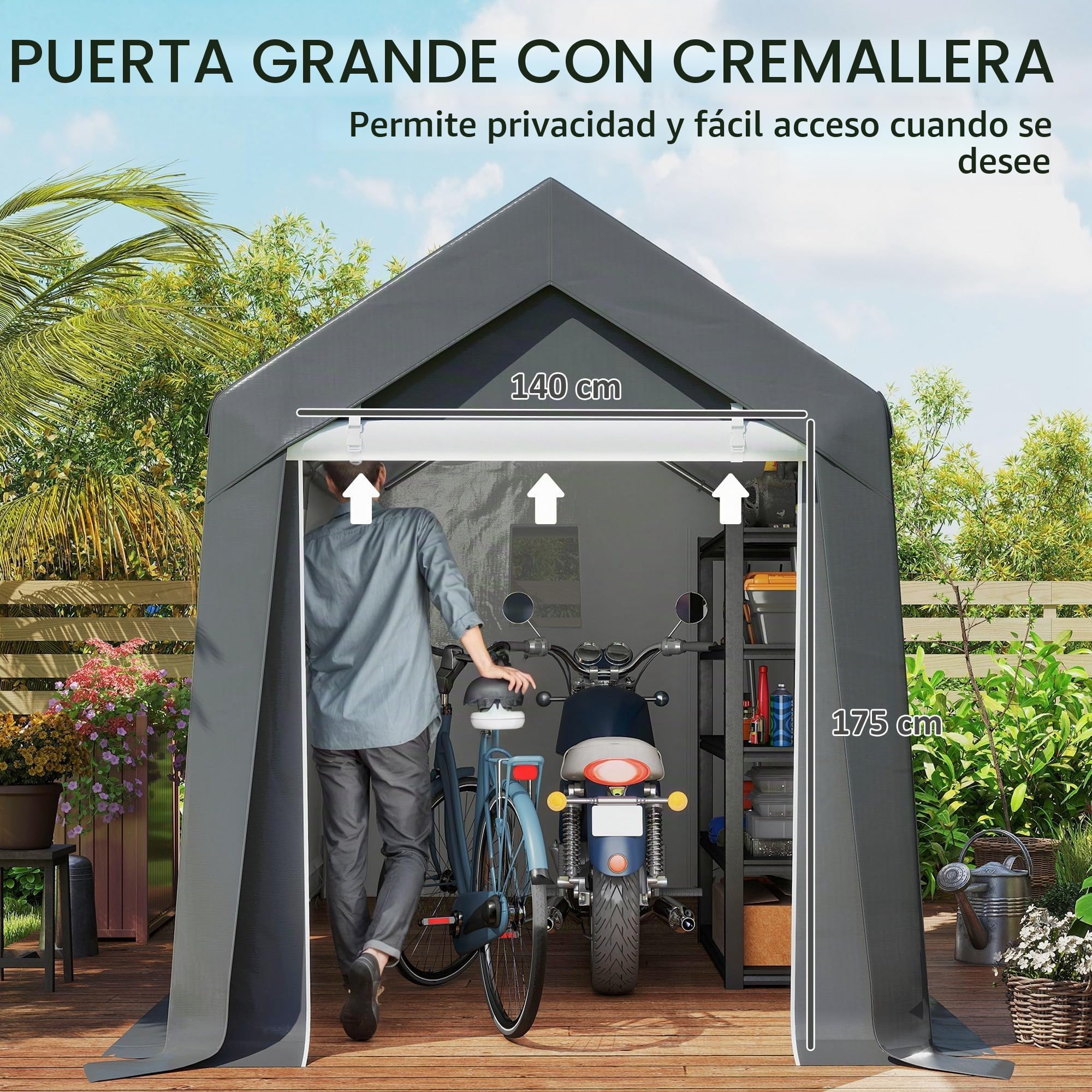 Carpa Garaje Outsunny, Carpa de Almacenamiento de 2,1 x 3,6 x 2,35 m con protección UV, Puerta con Cremallera, lámina Repelente al Agua Garaje para Moto, Herramientas de jardín, Gris Oscuro