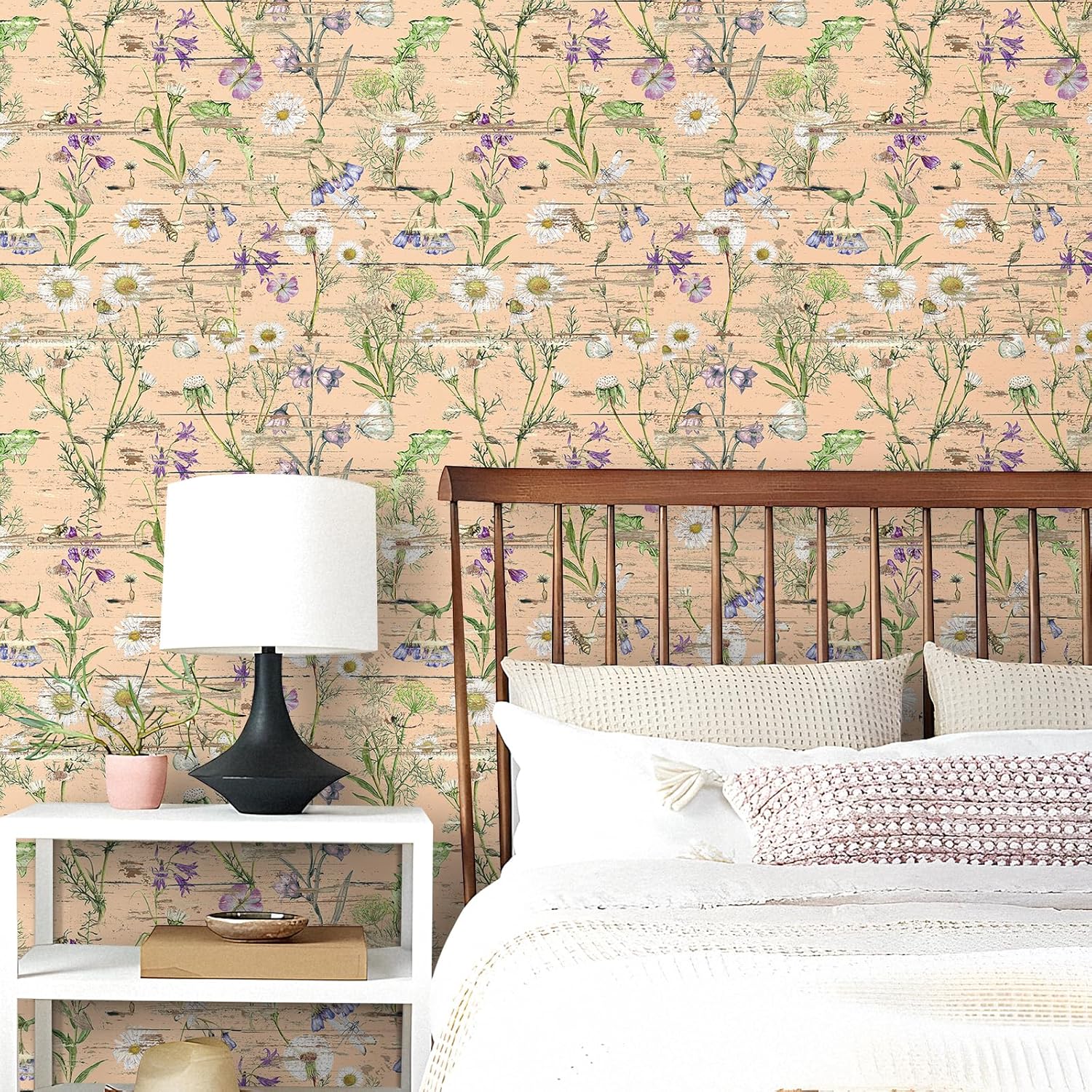 Livelynine 17.5x276 Pink Wood Peel and Stick Wallpaper Flowers Decorative Contact Paper Patterns Wood Grain Floral Art White Daisy Pink Purple Green Botanical Vintage Wildflower Wallpaper for Kitchen