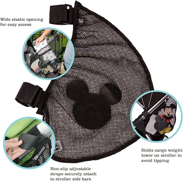 J.L. Childress Disney Baby by J.L. Childress Side Sling Stroller Cargo Net - Stroller Organizer Attachment for Storage, Mesh Bag for Baby Accessories, Universal Fit - Mickey, Black in use
